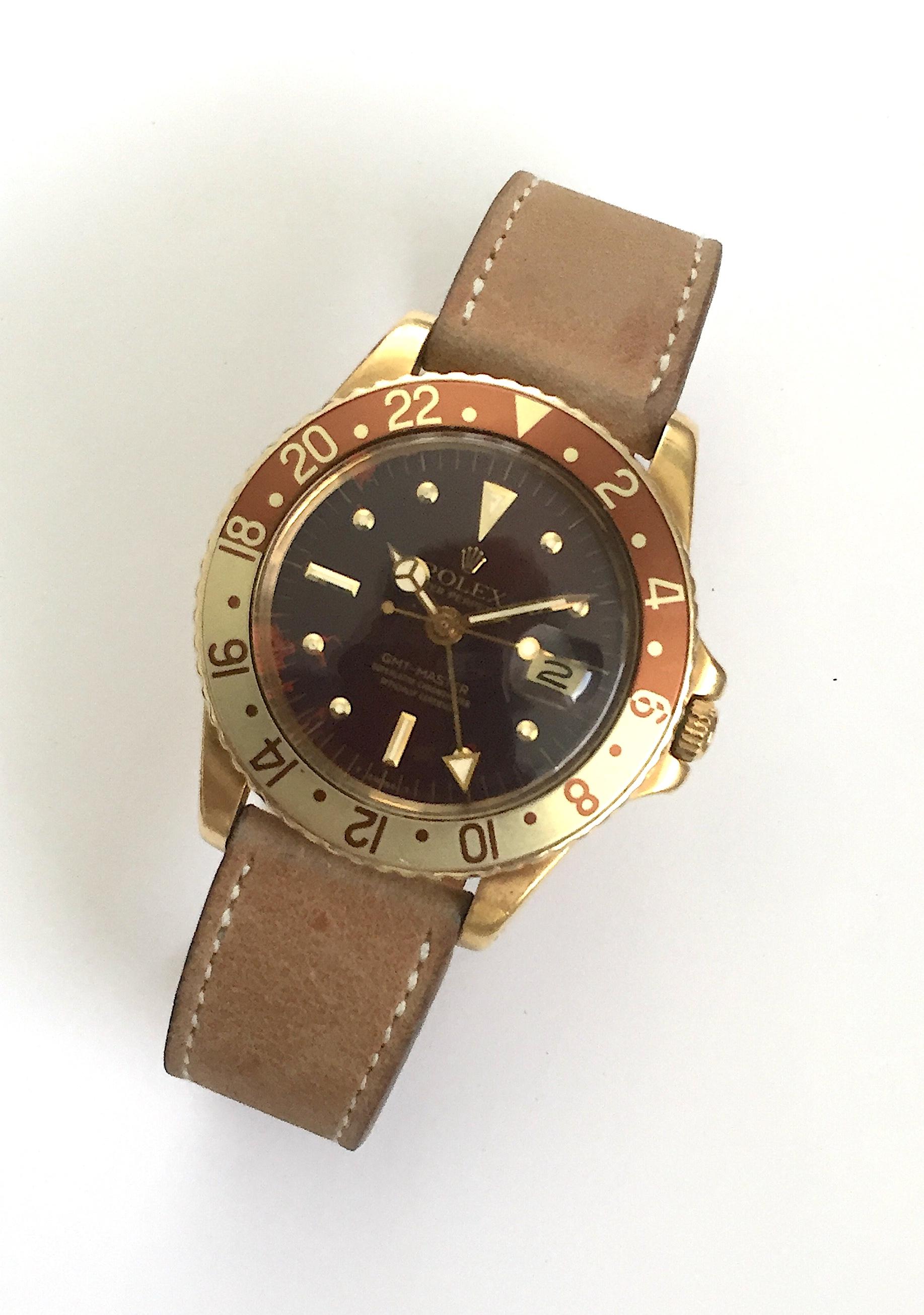 Rolex 18K Yellow Gold GMT Master Root Beer Watch, 1970s In Good Condition In New York, NY