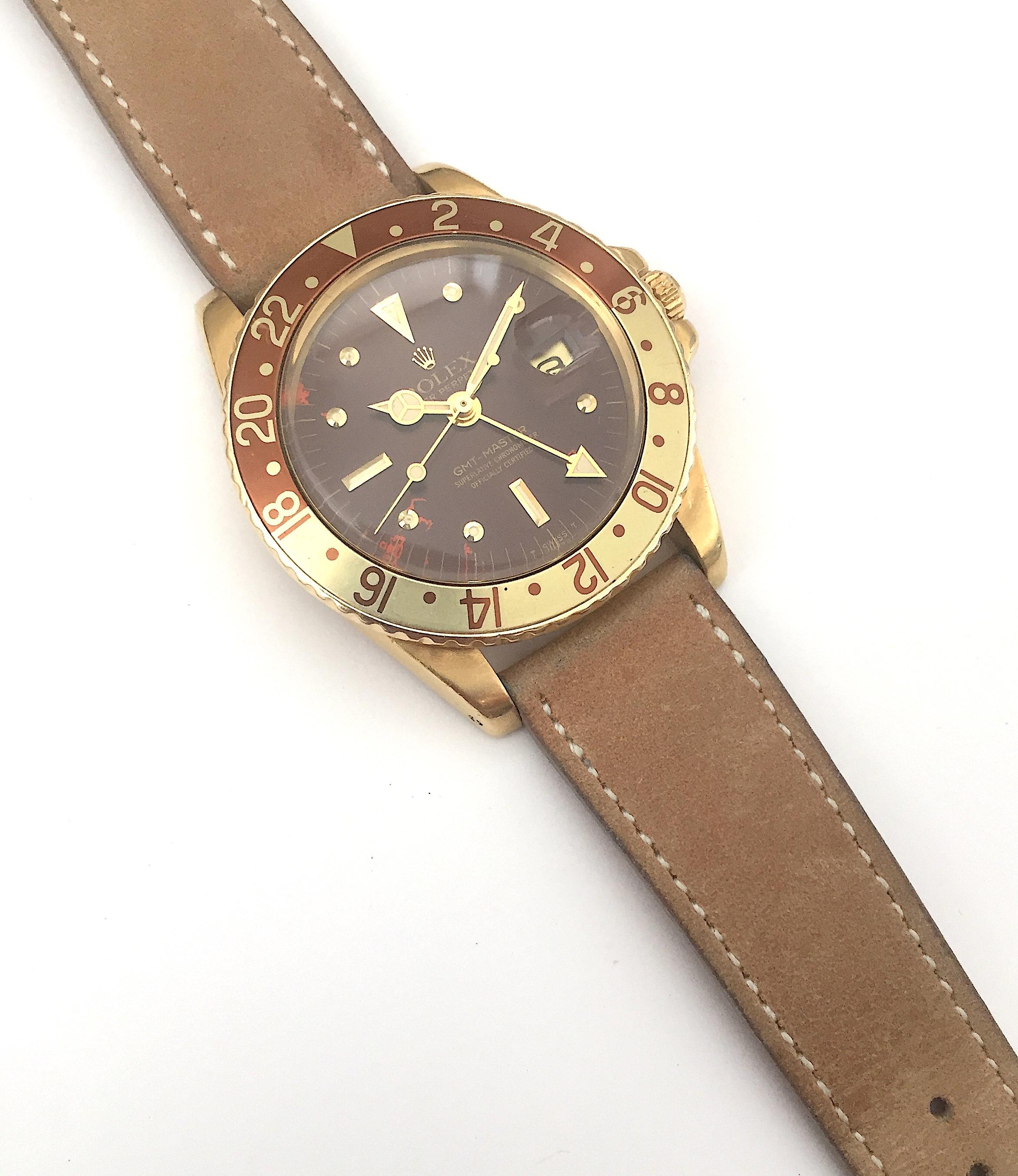 Women's or Men's Rolex 18K Yellow Gold GMT Master Root Beer Watch, 1970s