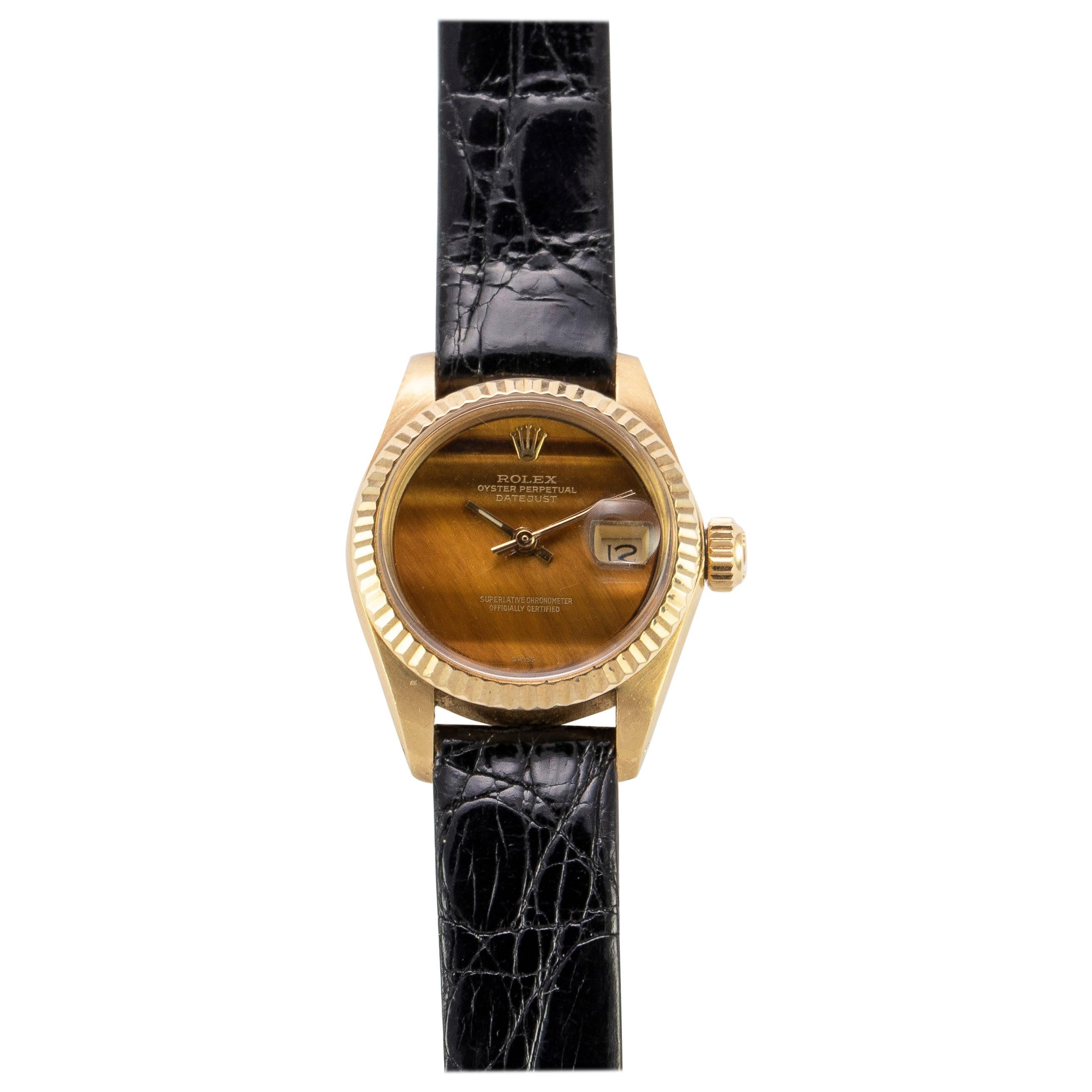 Rolex 18 Karat Yellow Gold Ladies Datejust Watch with Factory Tiger's Eye For Sale