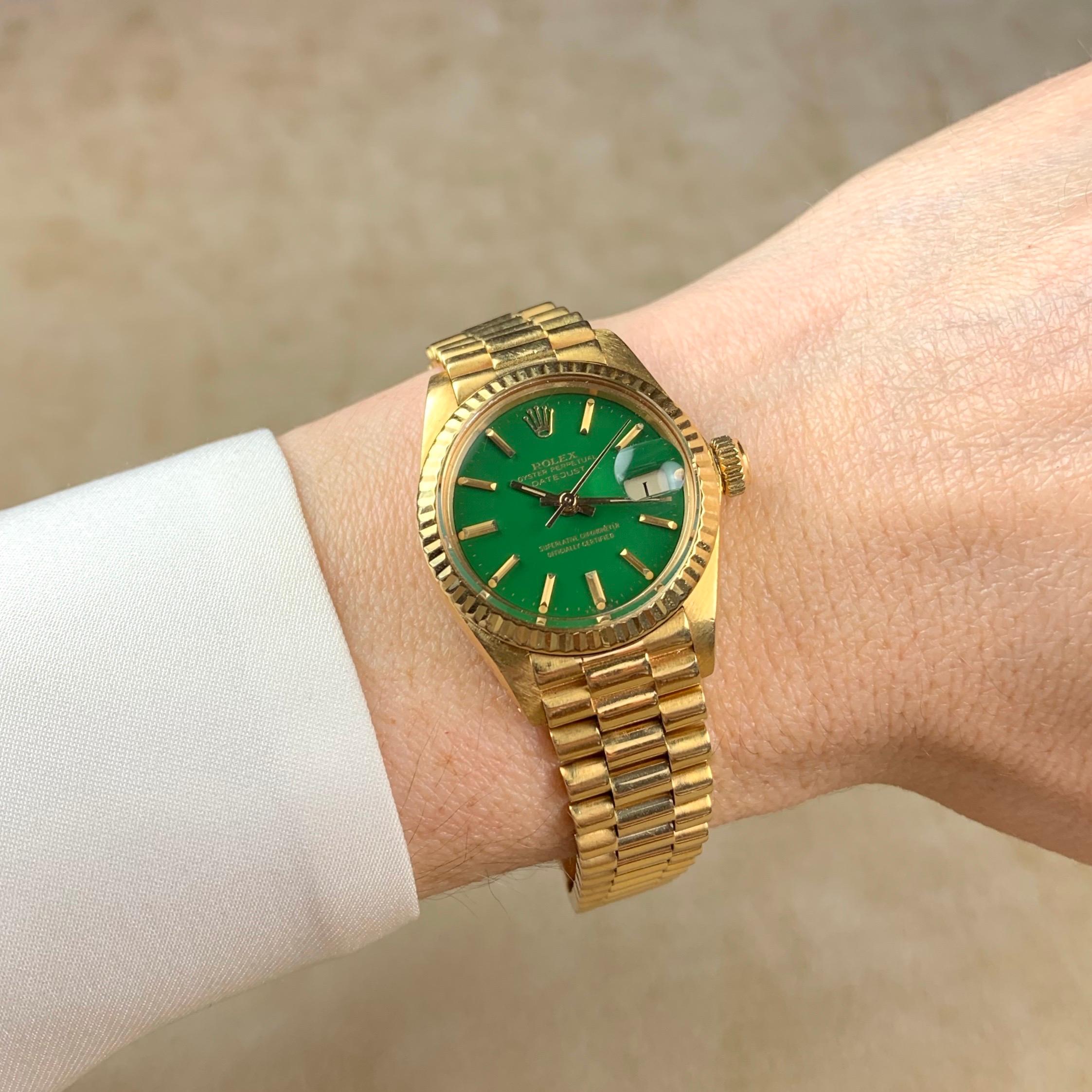 Green with Envy.

Rolex 18K Yellow Gold Ladies Oyster Perpetual Datejust with Green Stella Dial and Original Box and Papers

The Rolex Ladies Oyster Perpetual Datejust is timeless. It exudes femininity, confidence, and a playful side. It is all
