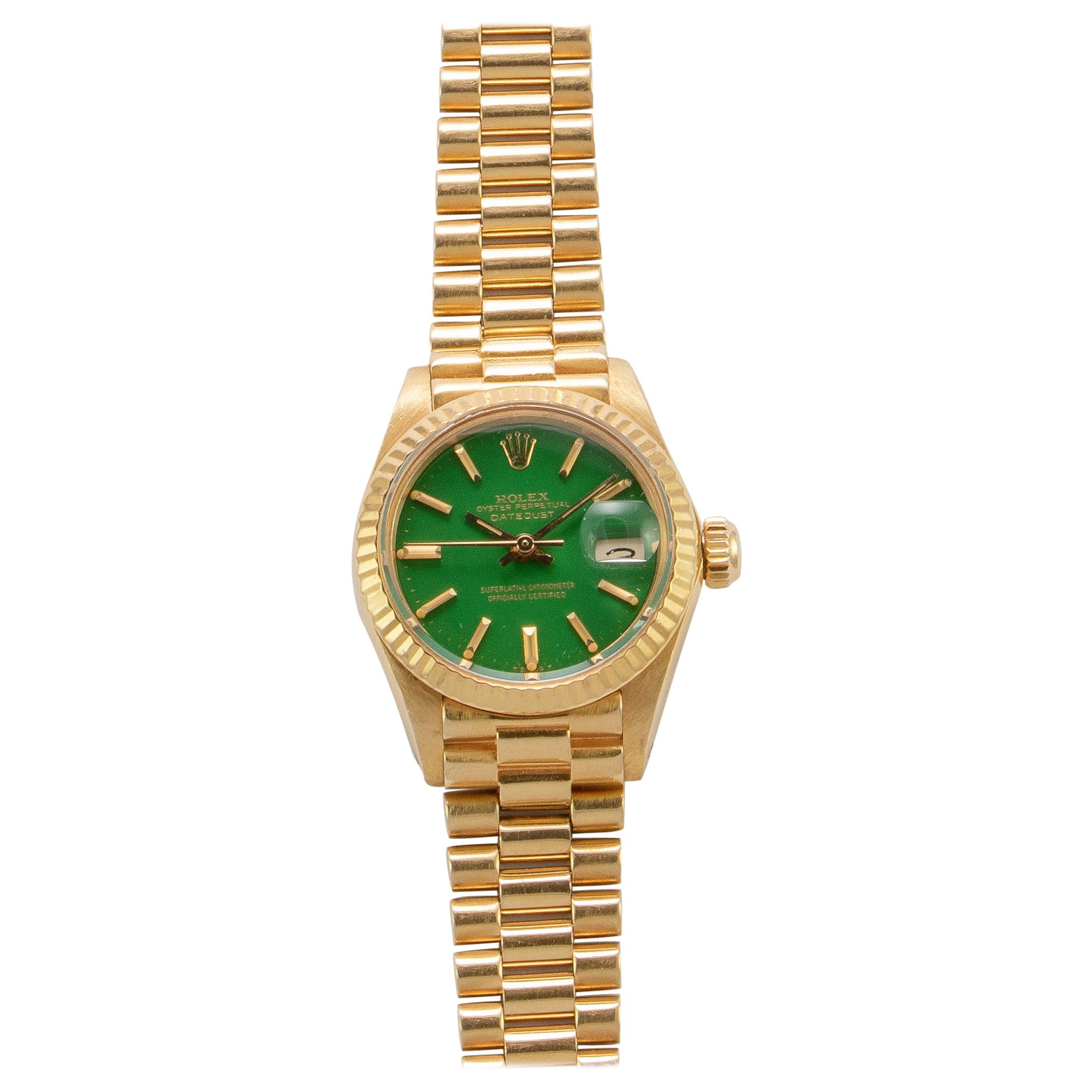 Rolex 18 Karat Gold Ladies Oyster Perpetual Datejust with Green Stella Dial