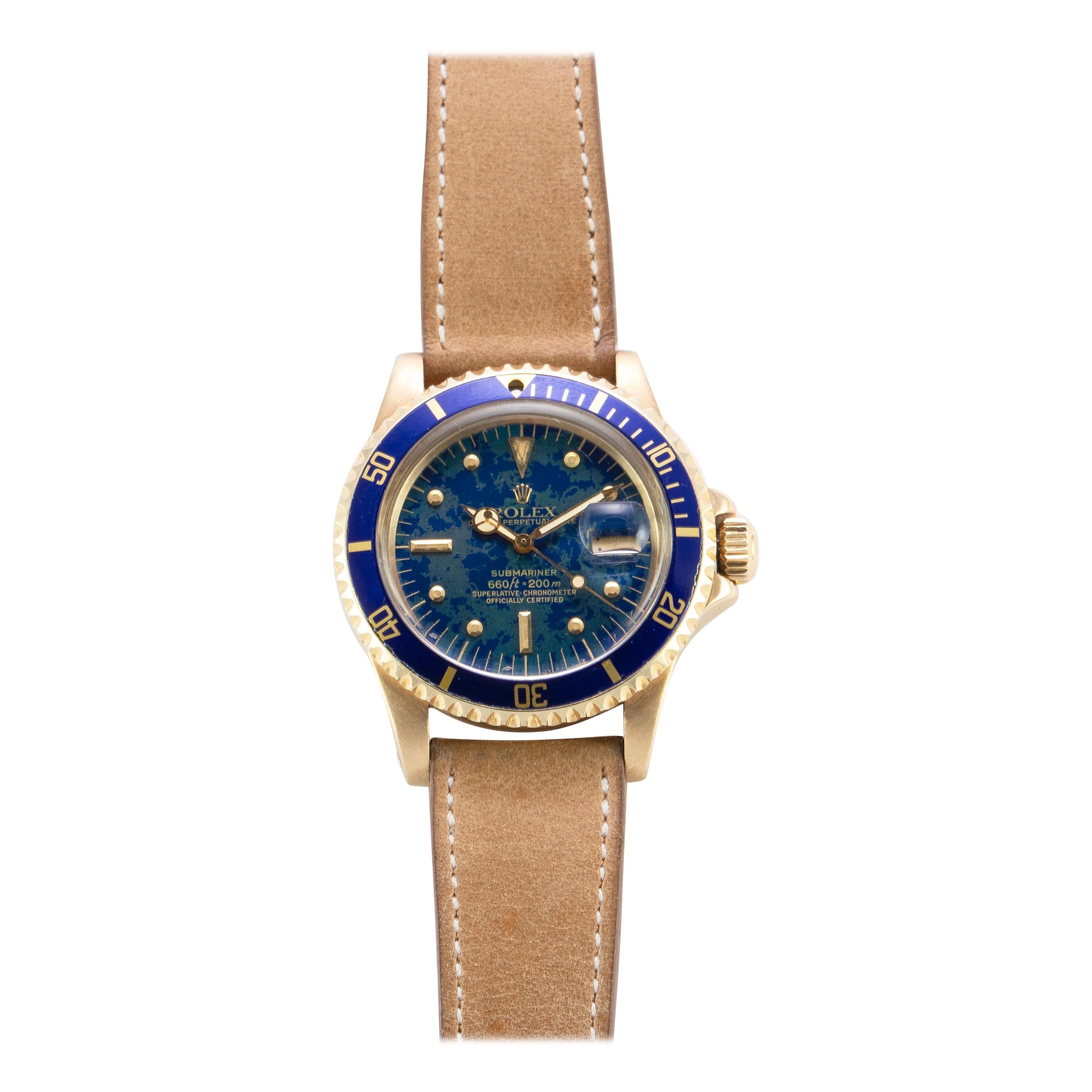 Rolex 18 Karat Gold Oyster Perpetual Submariner with Blue Gloss Earth Dial For Sale