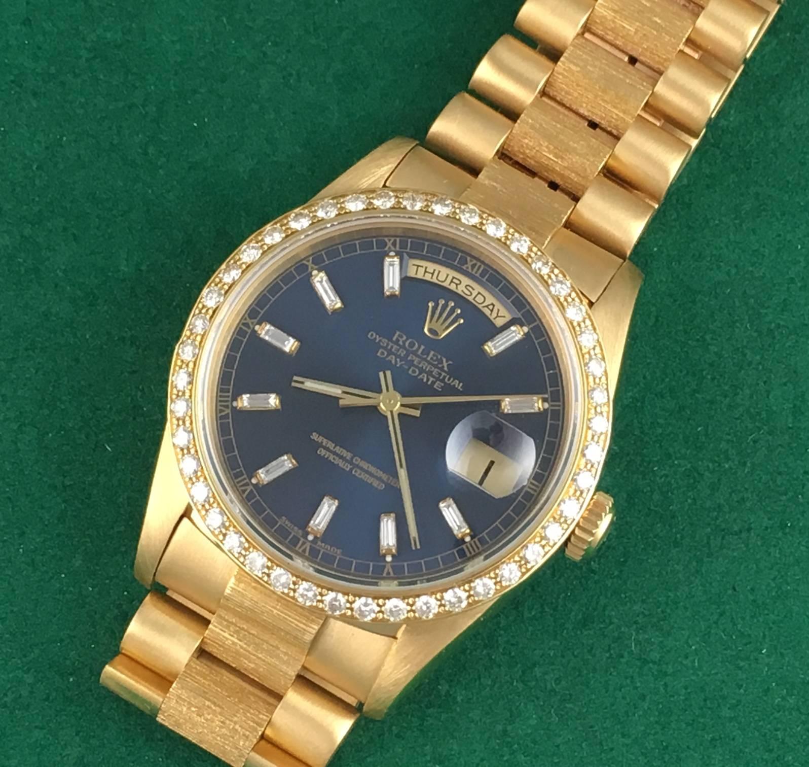 Rolex Yellow Gold Diamond President Day-Date Blue Dial Wristwatch Ref 18248 In New Condition In Dallas, TX