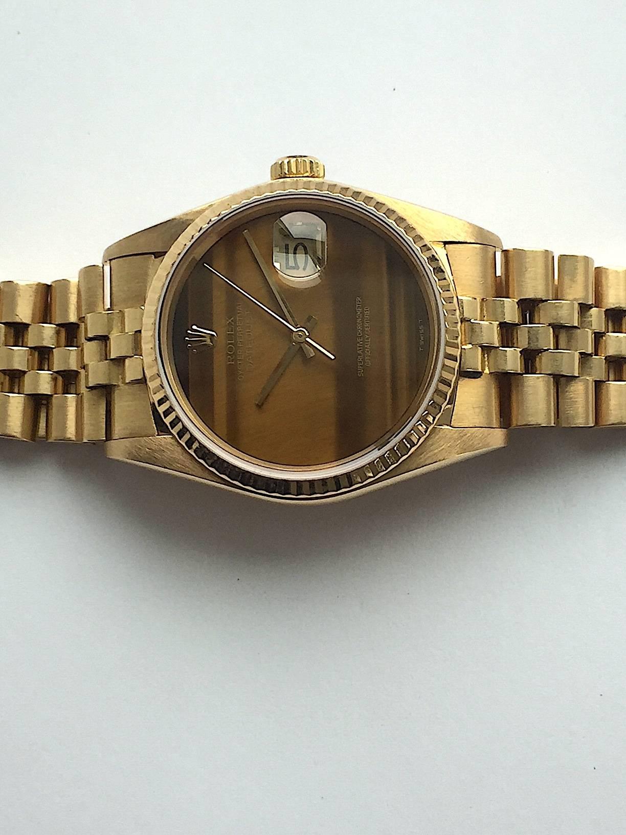 Rolex Yellow Gold Tiger's Eye Dial Datejust Automatic Wristwatch, 1980s In Excellent Condition In New York, NY