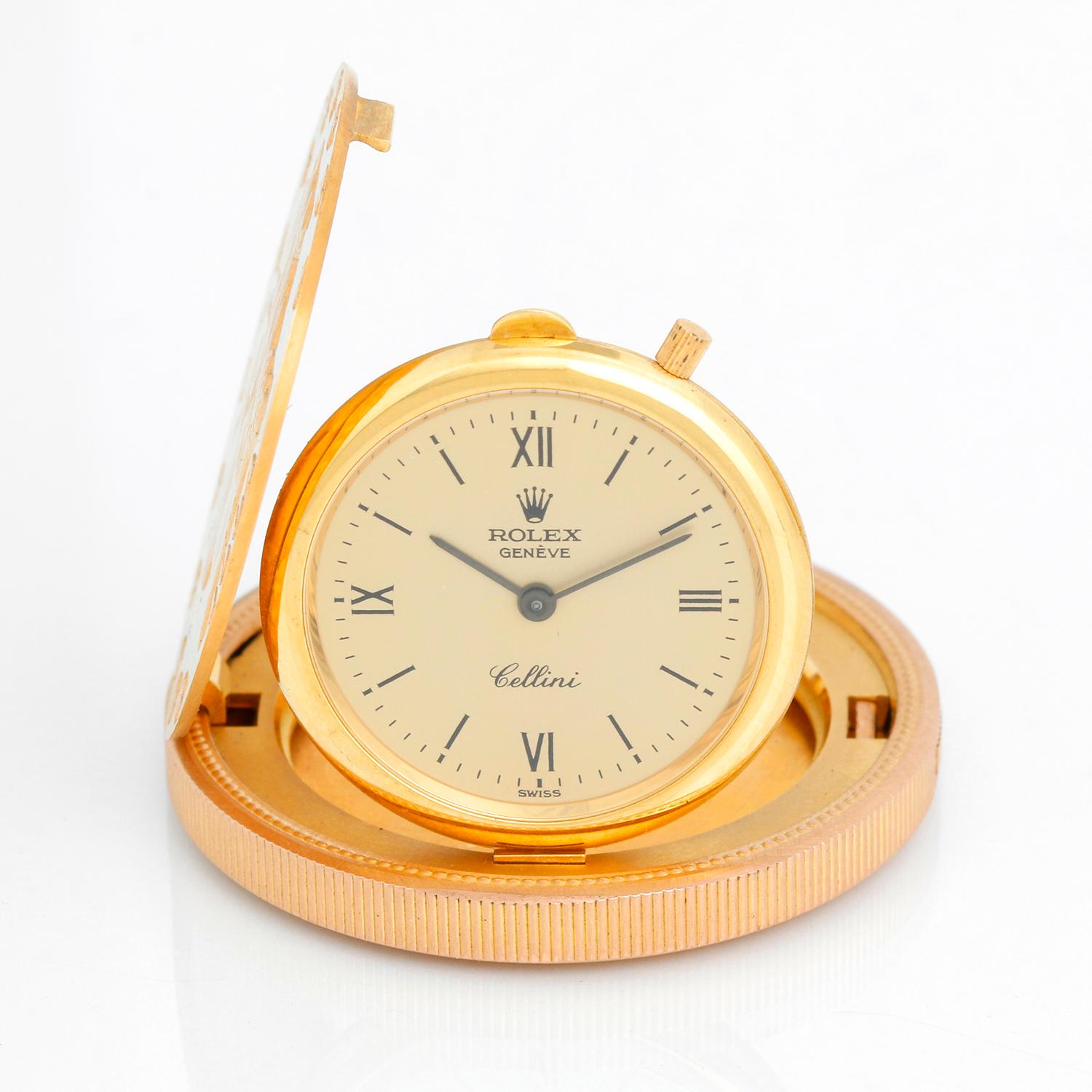 Rolex 18K Yellow Gold Twenty Dollar Coin Watch - Manual winding. 18K Yellow gold coin case ( 34mm). Champagne dial with Roman and Stick hour markers; Signed Rolex Geneve Cellini. Pre-owned Rolex box and book. Very rare and collectable .