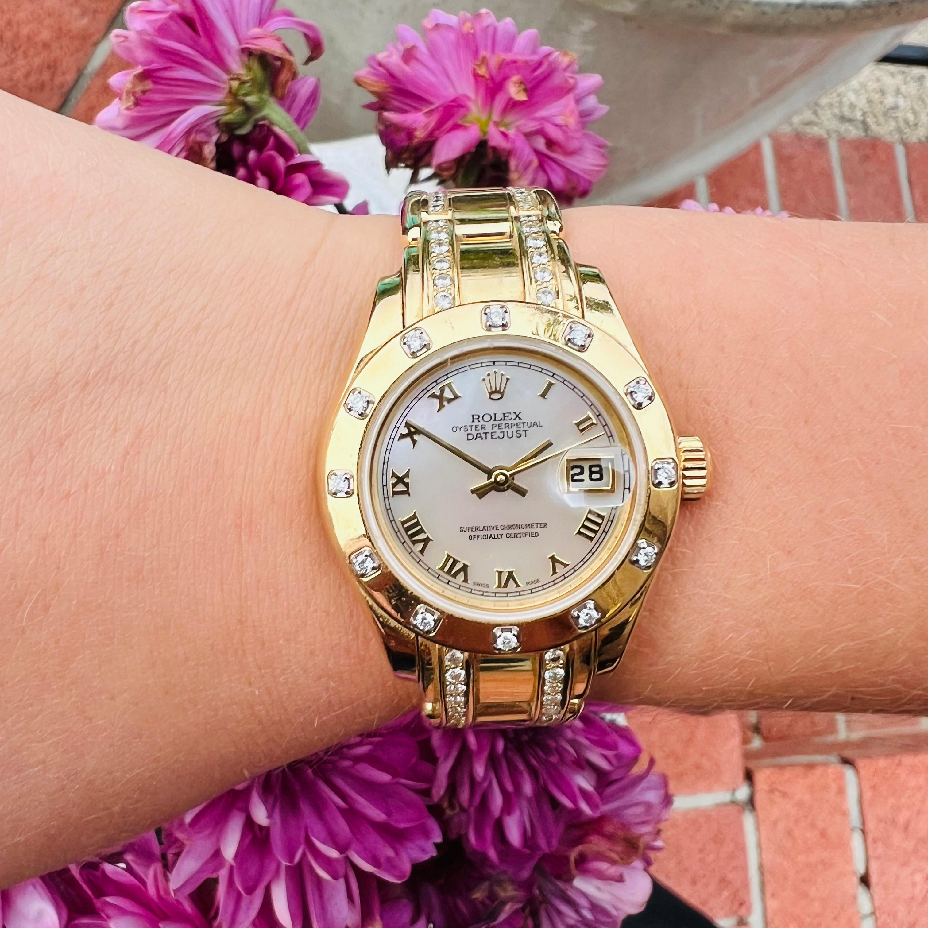 A Rolex Pearlmaster that is as stylish as it is beautiful! Style 80318, the mother-of-pearl dial, 12 diamond bezel, Pearlmaster bracelet with aftermarket diamonds, synthetic sapphire crystal, deployant clasp, size 29mm. Estimated total diamond
