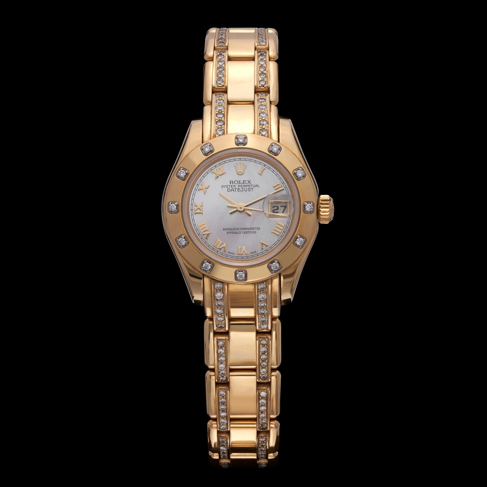 Round Cut Rolex 18k Yellow Gold Woman's Datejust Pearlmaster Wristwatch For Sale