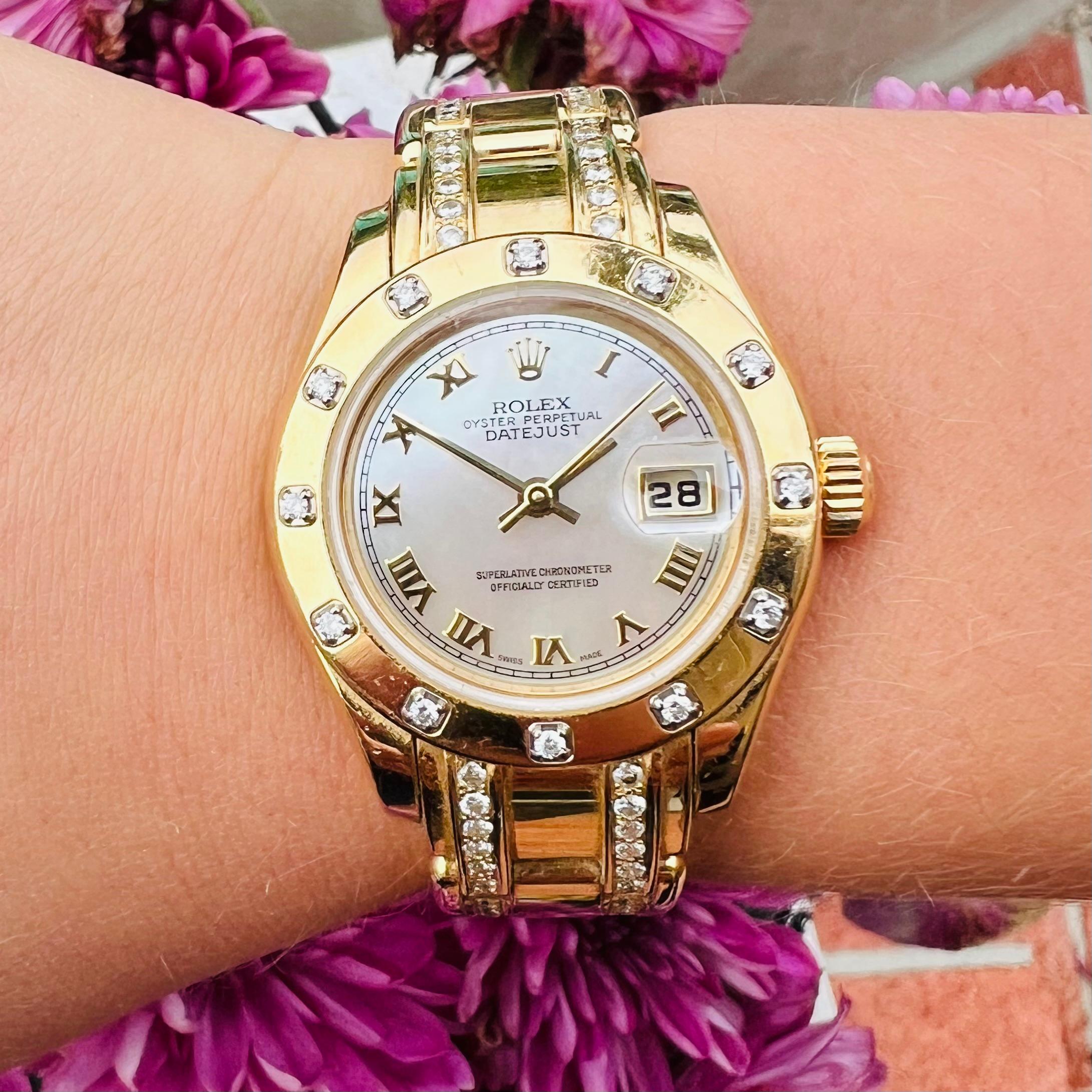Rolex 18k Yellow Gold Woman's Datejust Pearlmaster Wristwatch In Excellent Condition For Sale In San Francisco, CA