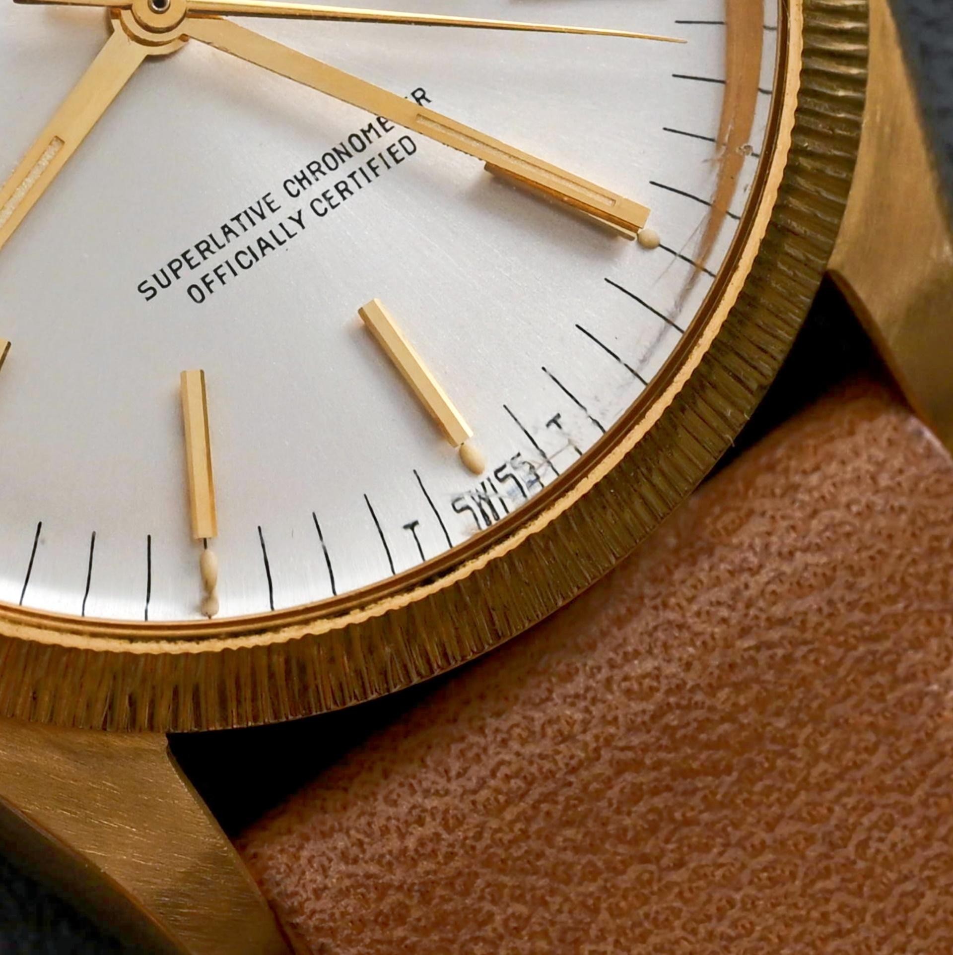 Rolex 18K YG Oyster Perpetual Date Silver Dial 1507, 1966's For Sale 6