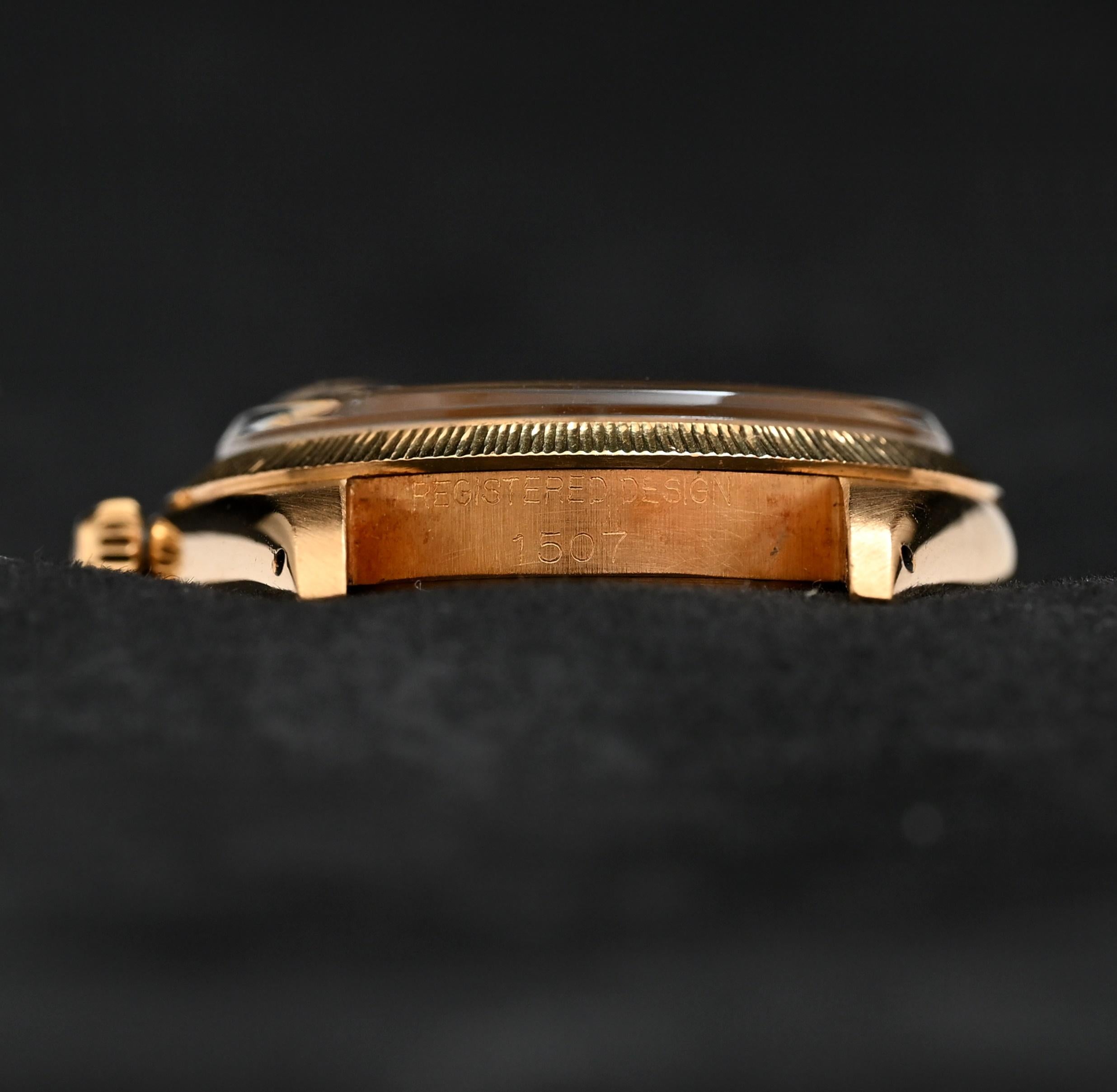 Rolex 18K YG Oyster Perpetual Date Silver Dial 1507, 1966's For Sale 1