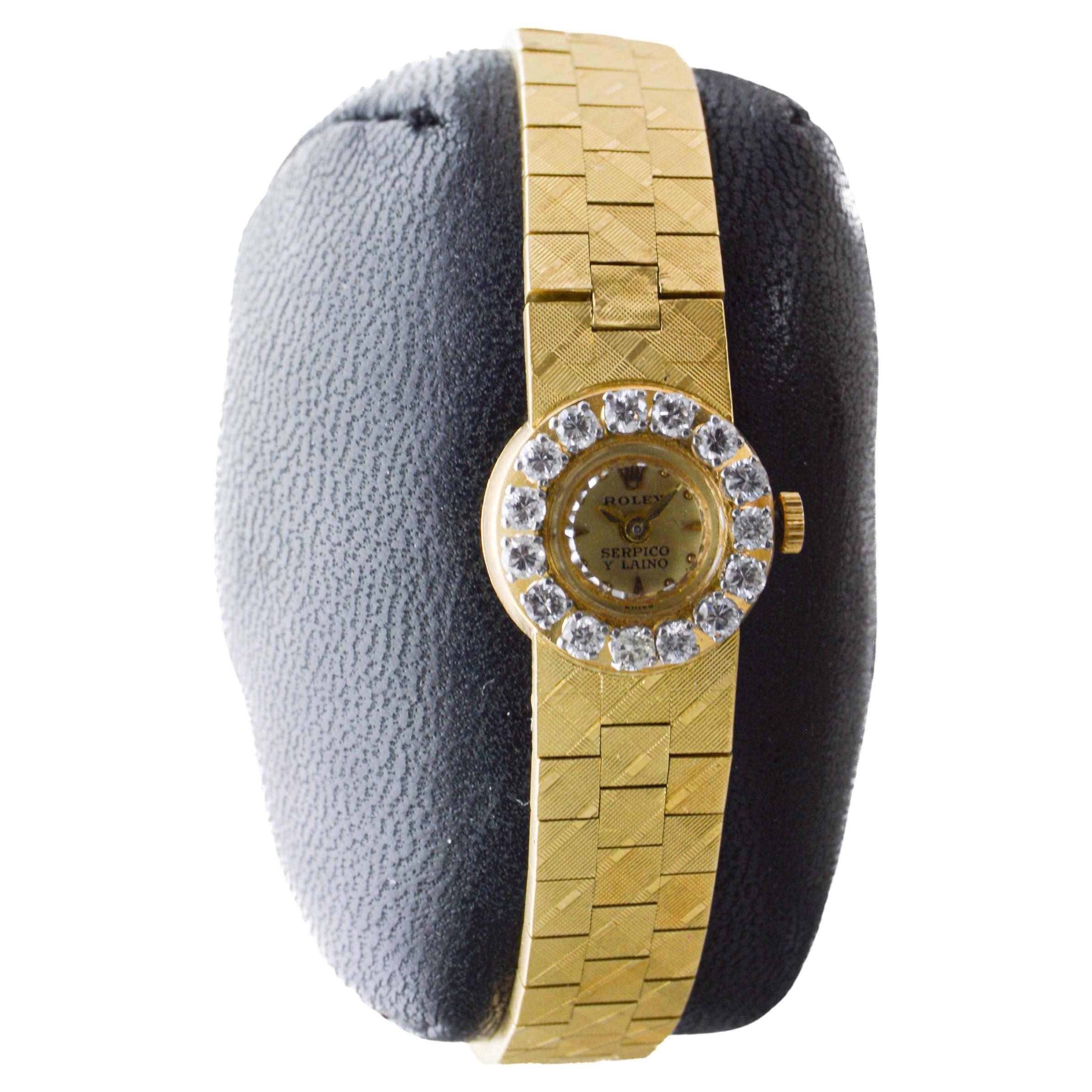 Art Déco Rolex 18Kt Gold Ladies Modernist Style for Serpico & Laino Diamond Bezel 1960's in vendita
