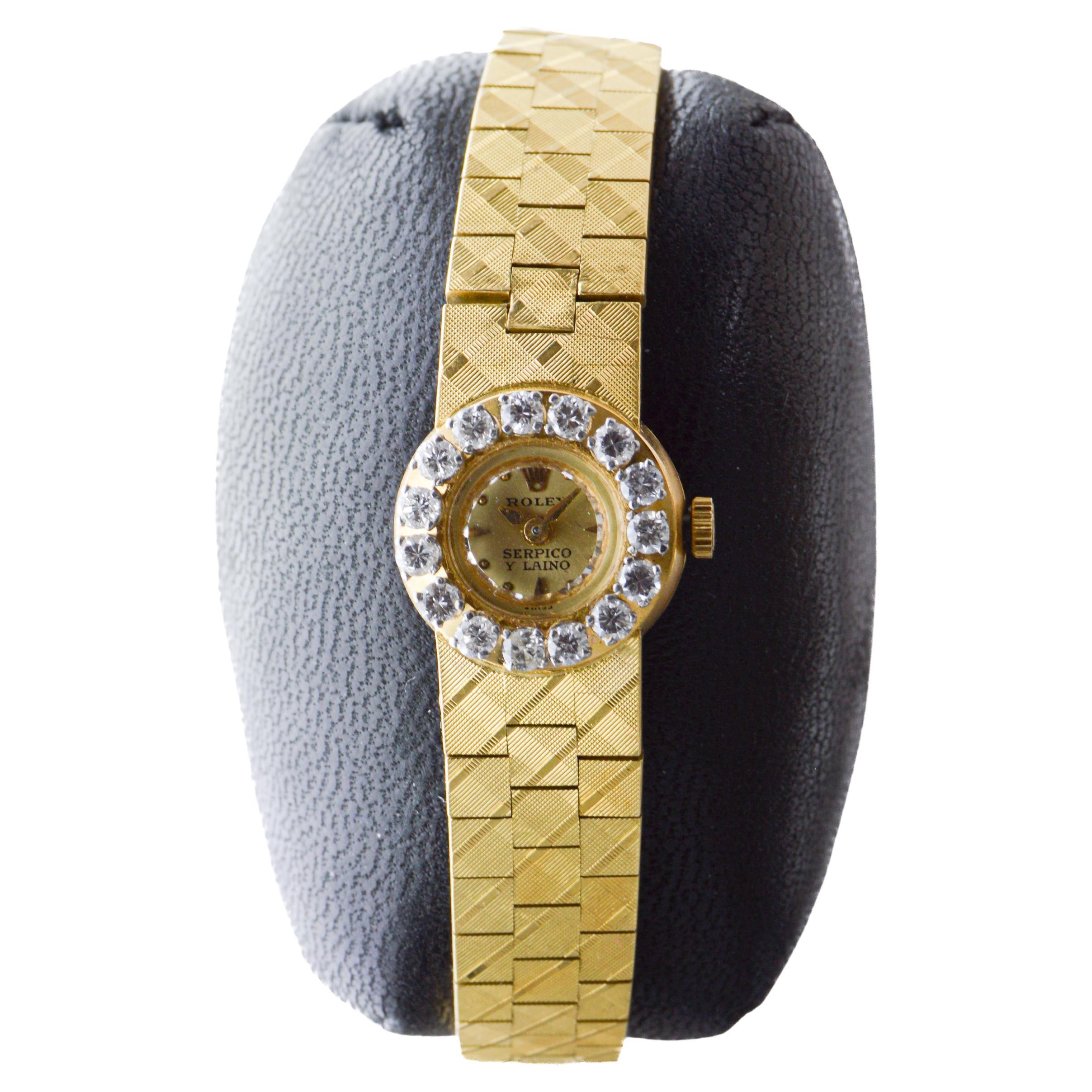 Donna Rolex 18Kt Gold Ladies Modernist Style for Serpico & Laino Diamond Bezel 1960's in vendita