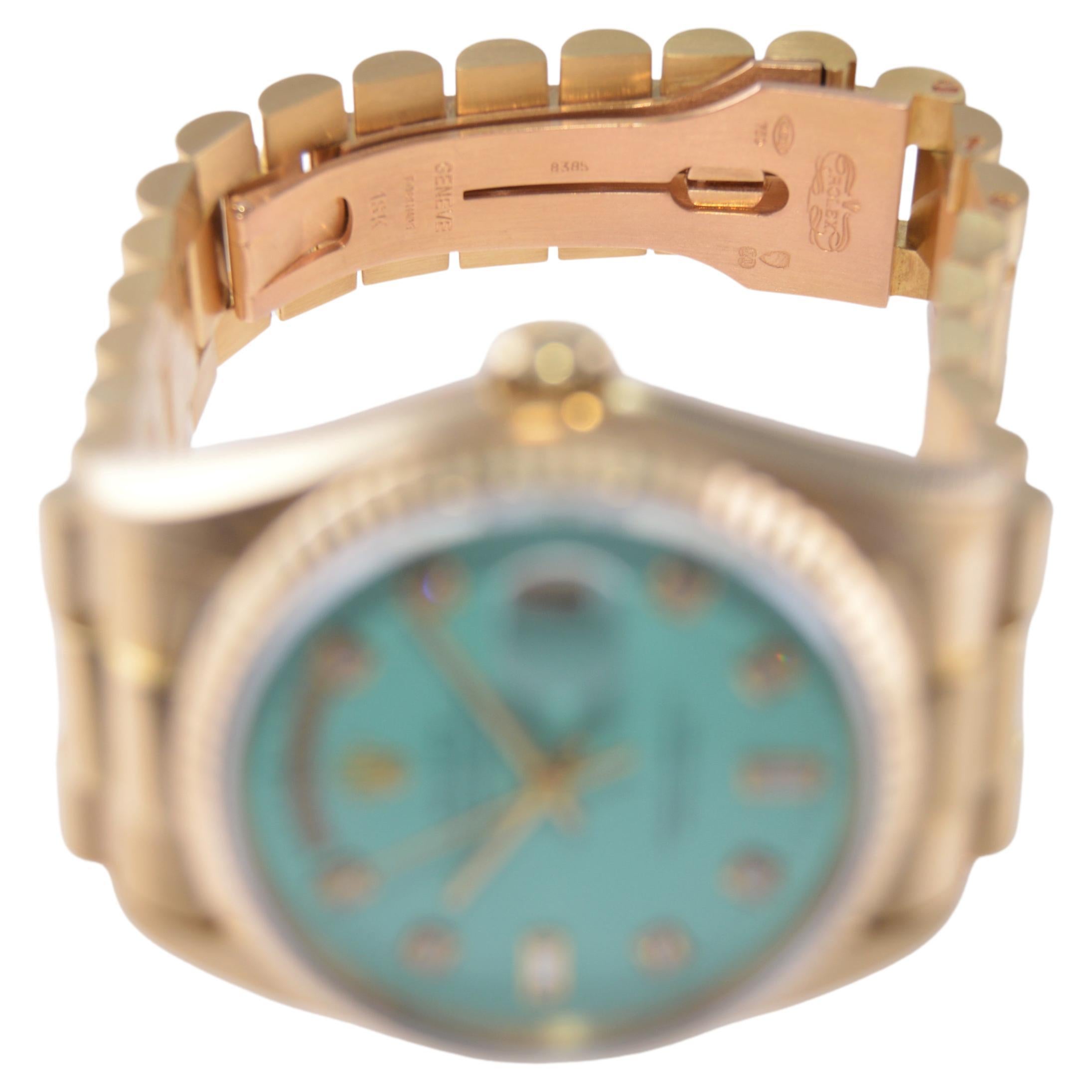 Rolex 18Kt. Gold President with Custom Tiffany Blue Diamond Marker Dial, 1980's For Sale 6