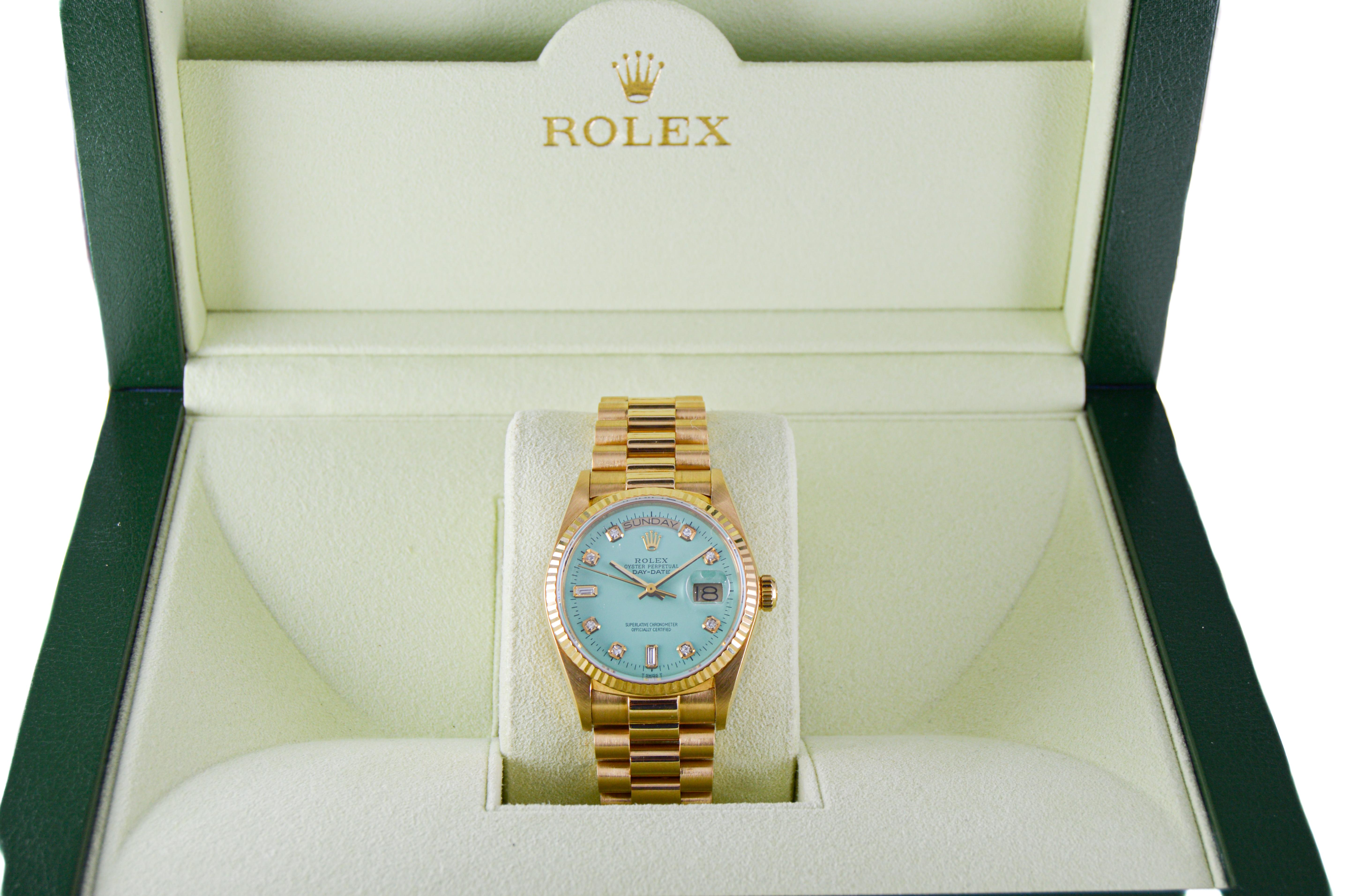 Modern Rolex 18Kt. Gold President with Custom Tiffany Blue Diamond Marker Dial, 1980's For Sale