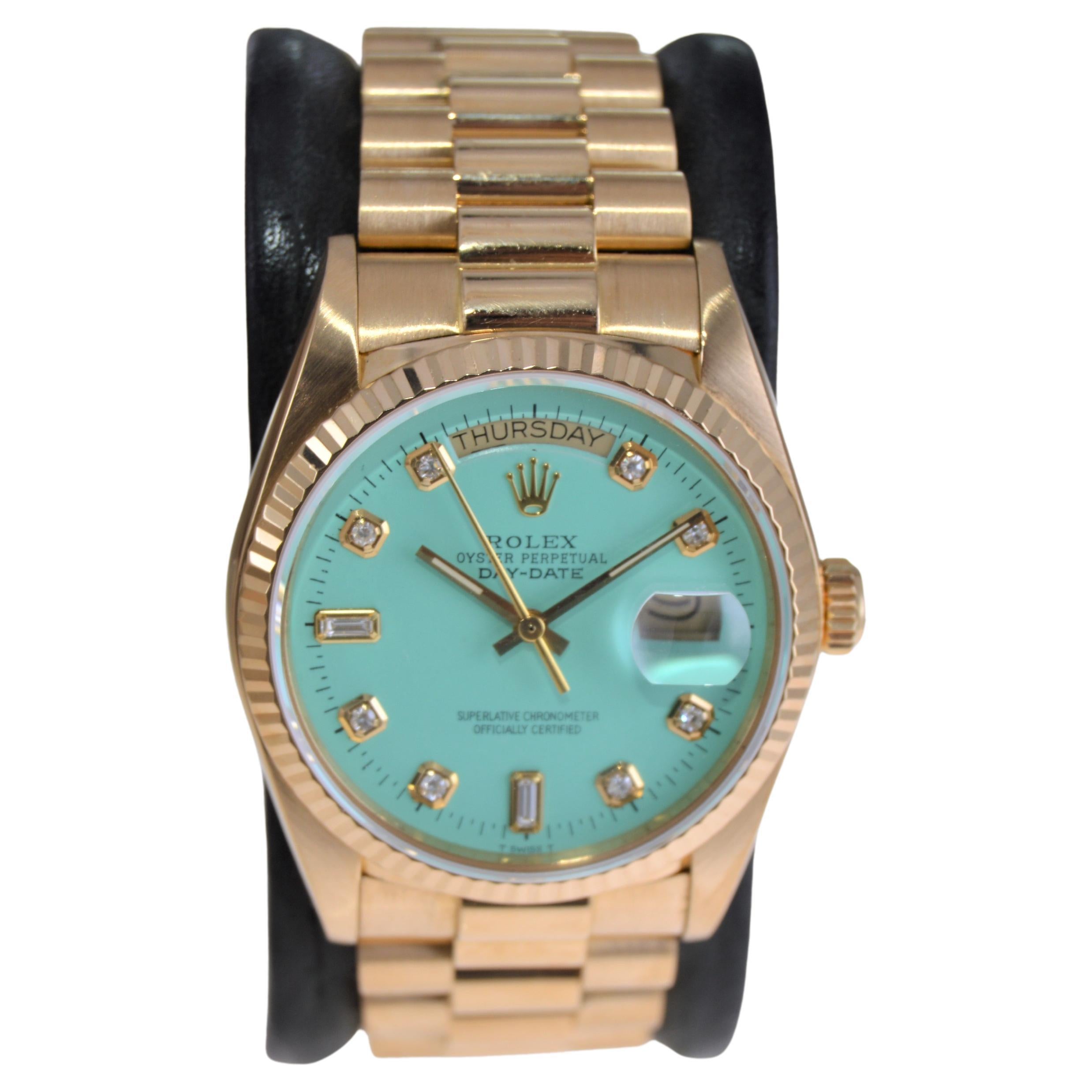 Modern Rolex 18Kt. Gold President with Custom Tiffany Blue Diamond Marker Dial, 1980's For Sale