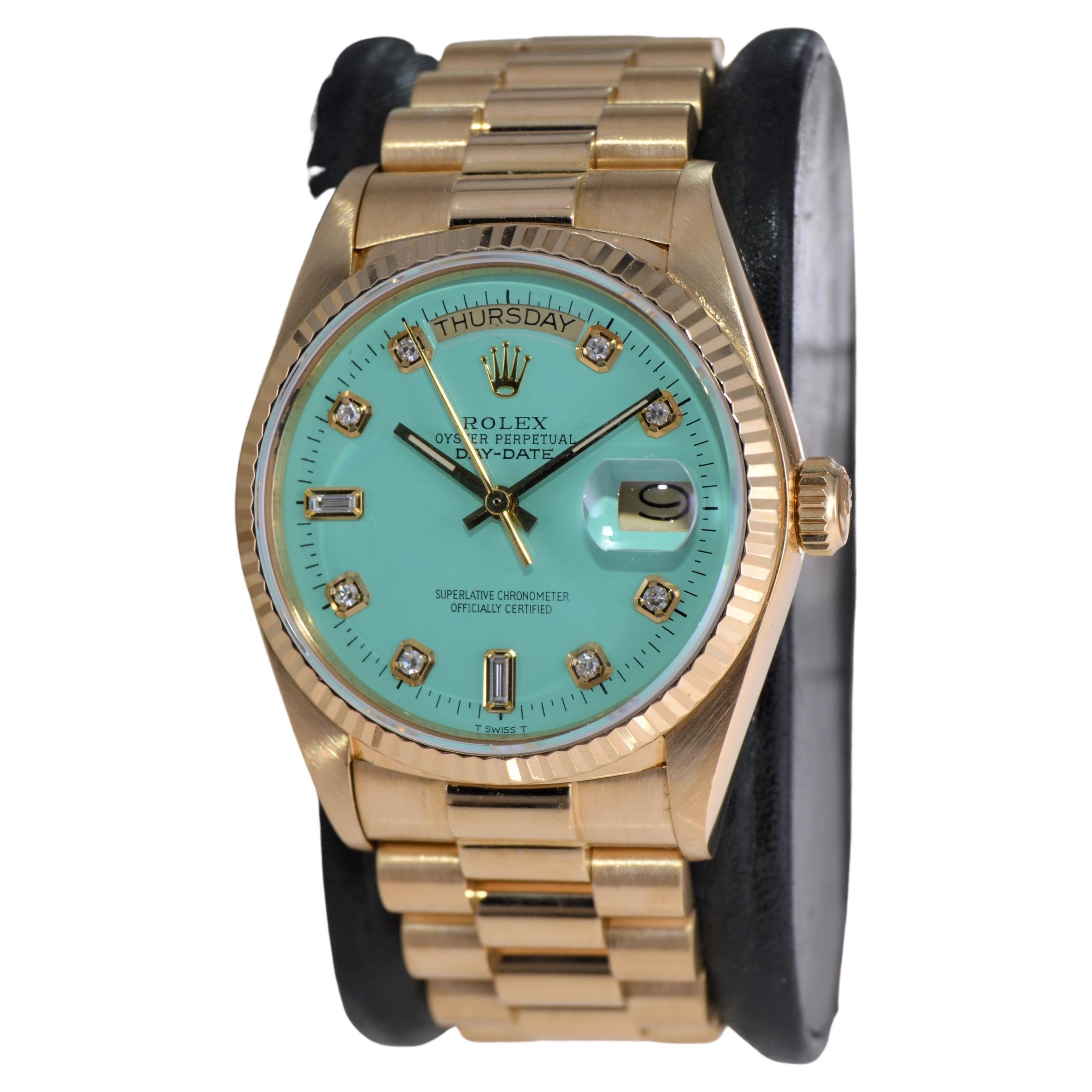 Rolex 18Kt. Gold President with Custom Tiffany Blue Diamond Marker Dial, 1980's For Sale 1