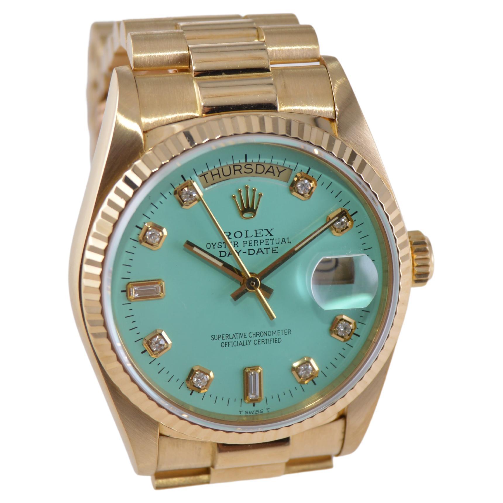 Rolex 18Kt. Gold President with Custom Tiffany Blue Diamond Marker Dial, 1980's For Sale 1
