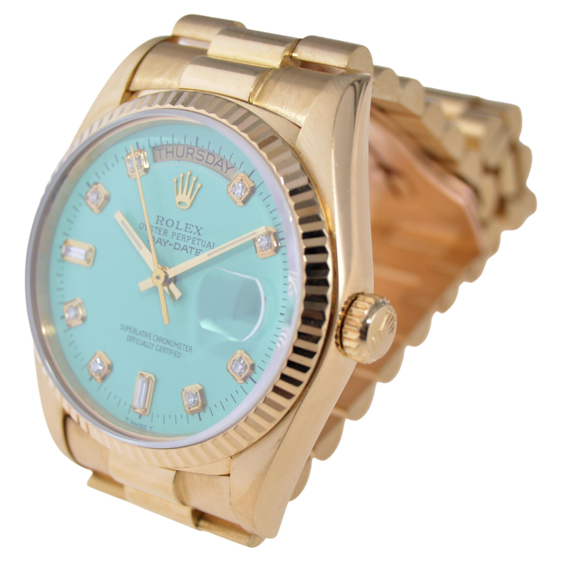 Rolex 18Kt. Gold President with Custom Tiffany Blue Diamond Marker Dial, 1980's For Sale 2