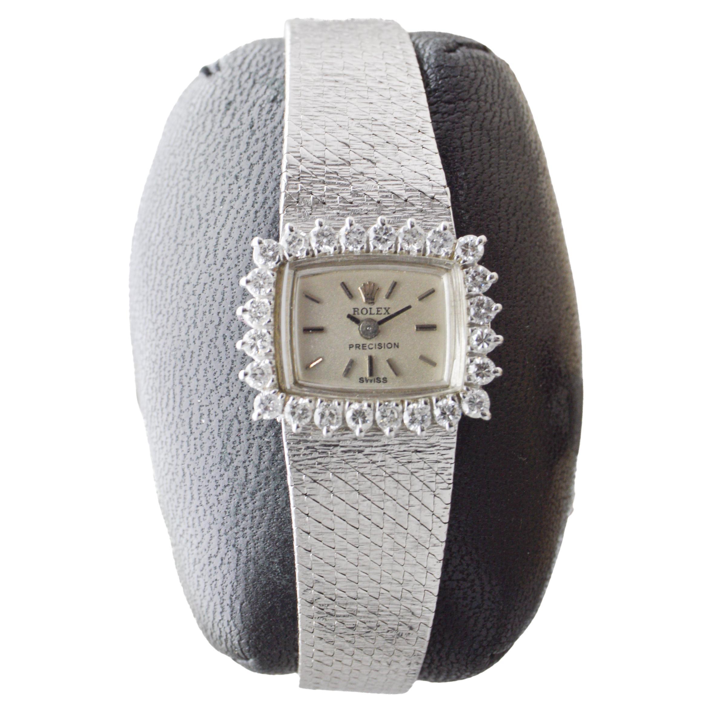 Reloj de vestir Rolex de oro blanco de 18 quilates para señora con bisel de diamantes de fábrica circa 1973