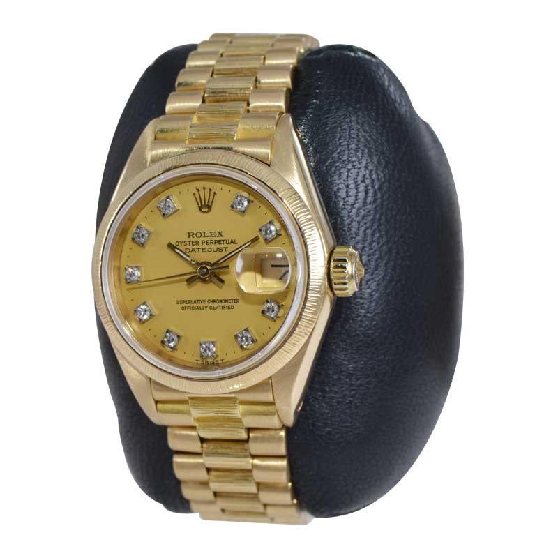 FACTORY / HOUSE: Rolex Watch Co.
STYLE / REFERENCE: Lady President / Ref. 69278
METAL / MATERIAL: 18kt Yellow Gold
CIRCA / YEAR: 1980's
DIMENSIONS / SIZE: 29mm Diameter
MOVEMENT / CALIBER: Perpetual Winding / 29 Jewels 
DIAL / HANDS: Original