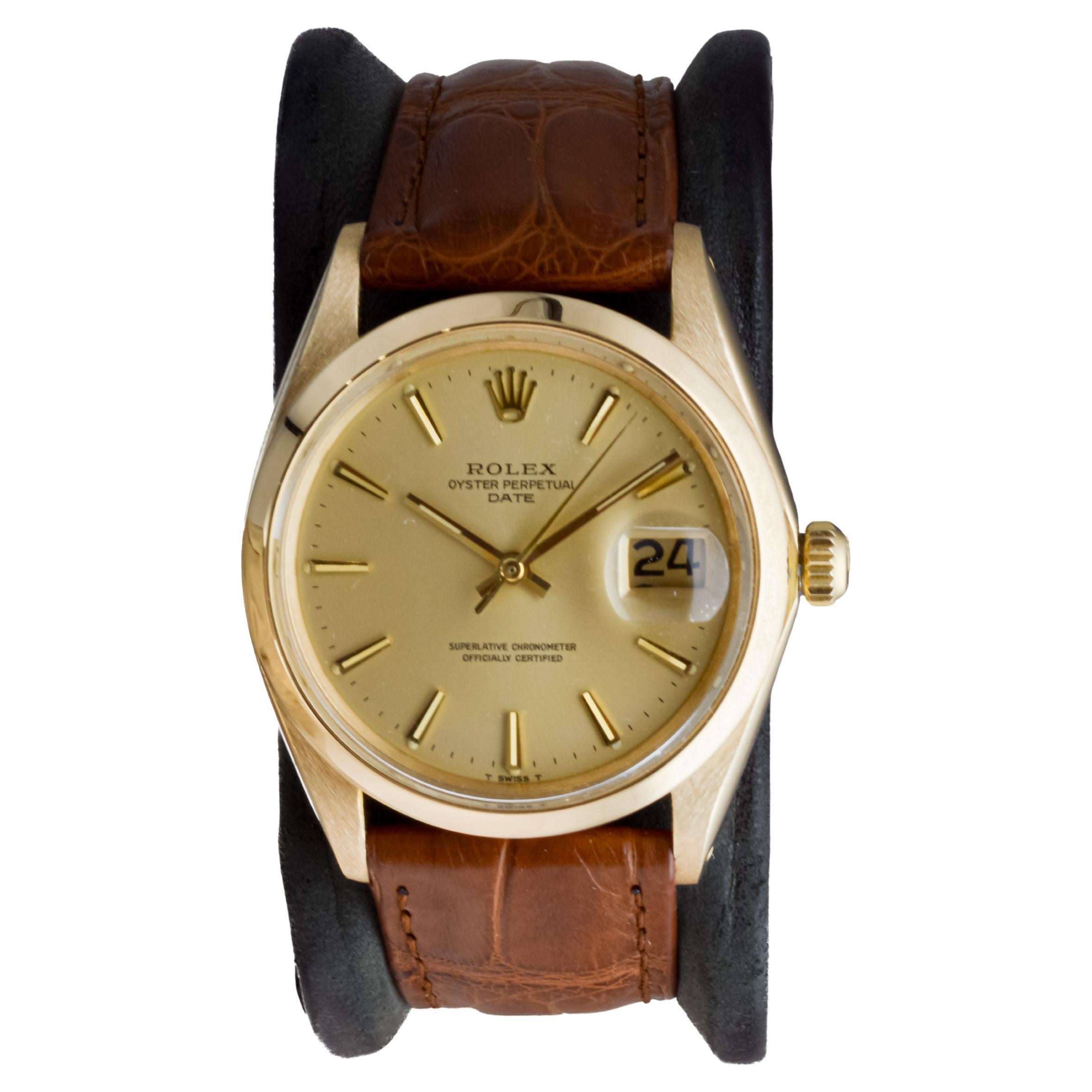 Rolex 18Kt Solid Gold Oyster Perpetual Date with Original Champagne Dial In Excellent Condition In Long Beach, CA