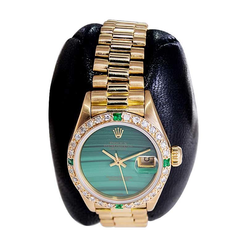Rolex 18Kt. Yellow Gold Ladies President with Rare, Original Malachite Dial 1987 In Excellent Condition In Long Beach, CA