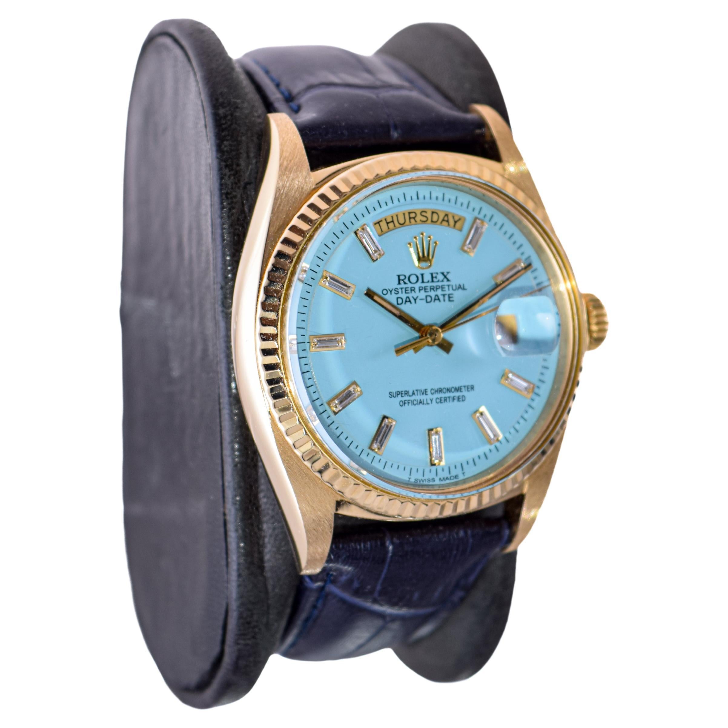 FACTORY / HOUSE: Rolex Watch Company
STYLE / REFERENCE: President / Reference 1803
METAL / MATERIAL: 18Kt. Solid Yellow Gold 
CIRCA / YEAR: 1970
DIMENSIONS / SIZE:  Length 44mm X Diameter 36mm
MOVEMENT / CALIBER: Perpetual Winding / 26 Jewels /
