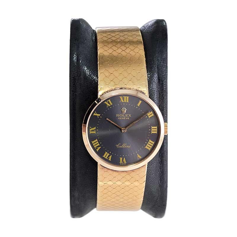 FACTORY / HOUSE: Rolex Watch Company
STYLE / REFERENCE: Cellini Series 
METAL / MATERIAL: 18Kt. Yellow Gold 
CIRCA / YEAR: 1980's
DIMENSIONS / SIZE: Diameter 26mm
MOVEMENT / CALIBER: Manual Winding / 19 Jewels / Caliber 1601
DIAL / HANDS: Original