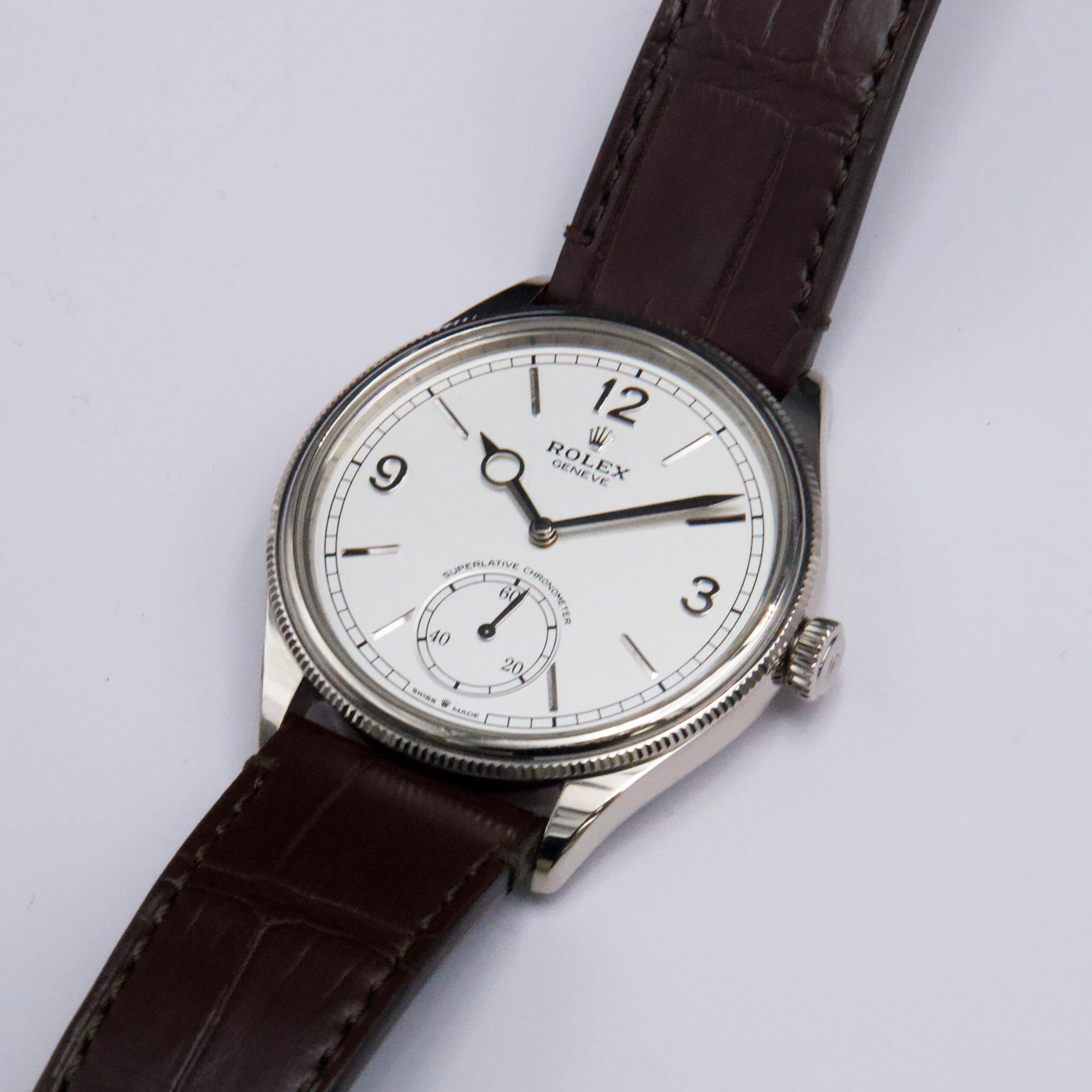 Rolex 1908 Quadrante Bianco Intenso Oro Bianco 18k Orologio Uomo Scatola Documenti 1