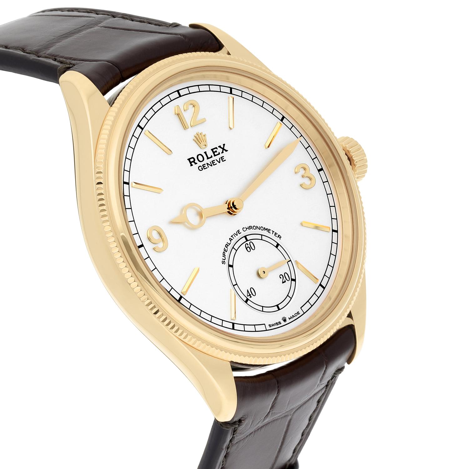 Rolex 1908 White Dial 18K Yellow Gold Watch Leather Strap 52508 Box/ Papers 2024 In New Condition In New York, NY