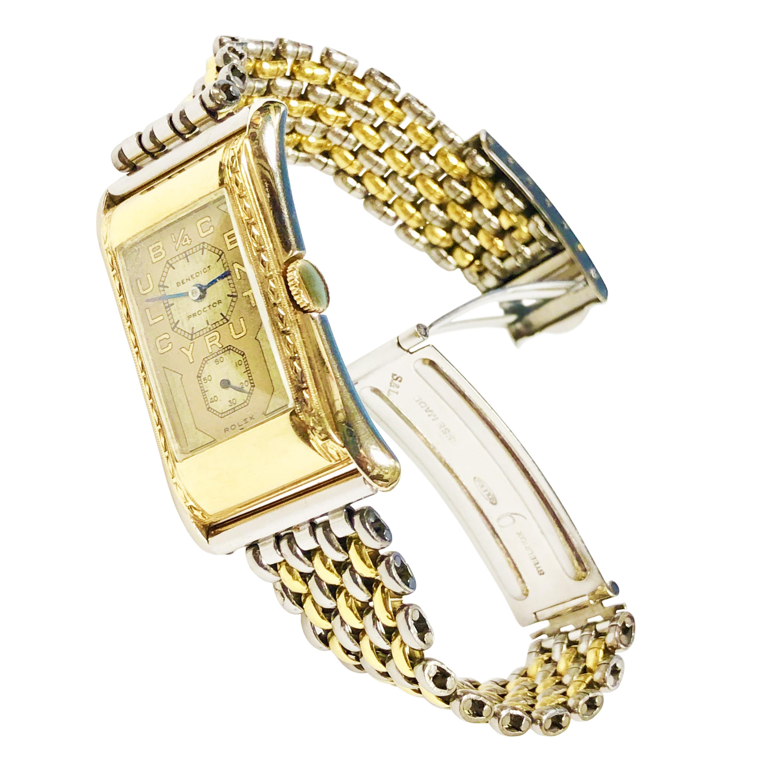 Circa 1930er Jahre Rolex ( Prince ) Ref 971 Eaton Quarter Century Club Dr's Wrist Watch:: präsentiert für 25 Jahre Dienst mit Eaton Kaufhäuser in Kanada. 43 X 24 MM Two Tone 14K Weiß- und Gelbgold Flared 2 Stück Fall. mechanisches Uhrwerk mit 18