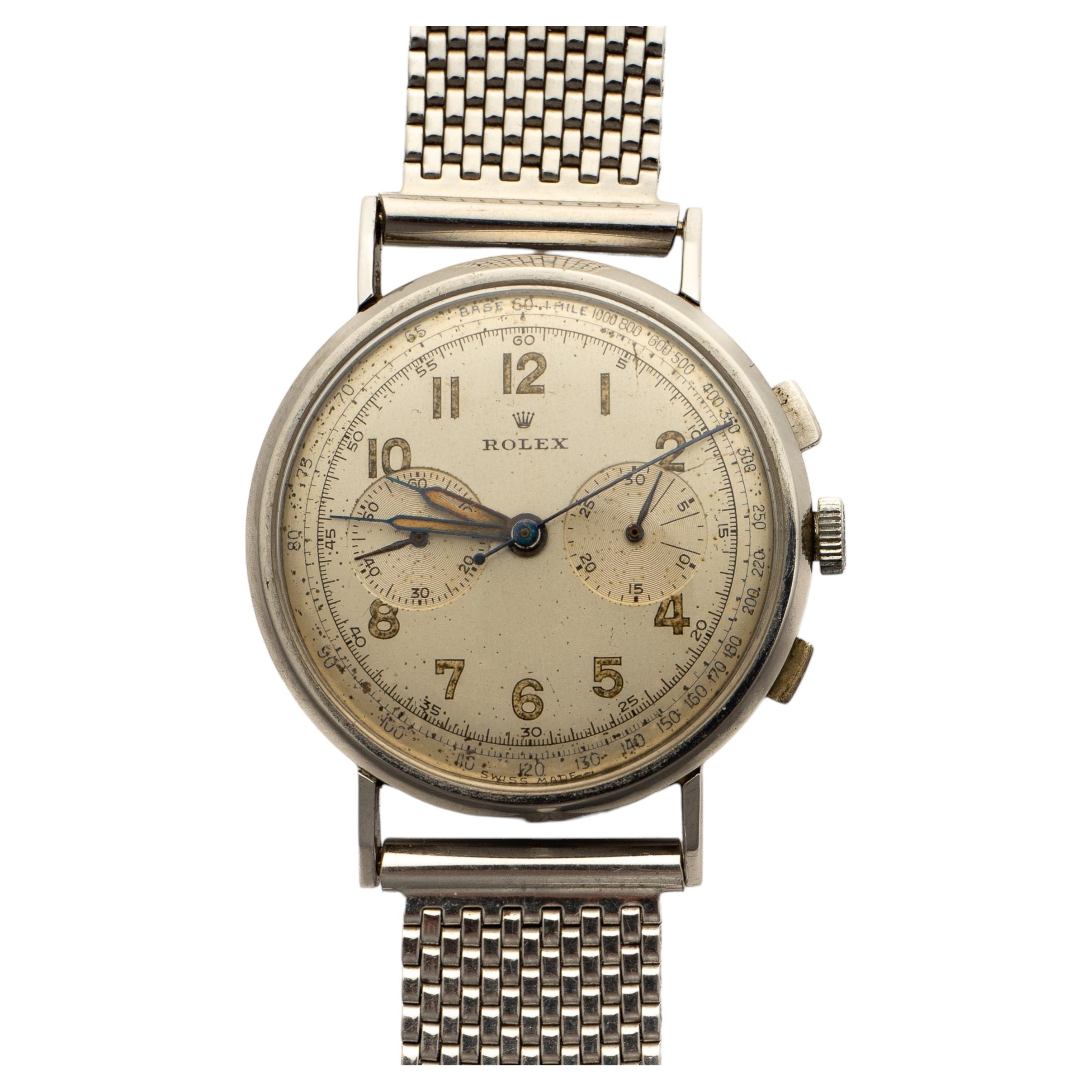 Rolex 1930s Reference 3858 Steel 2 Register Chronograph Wrist Watch For Sale