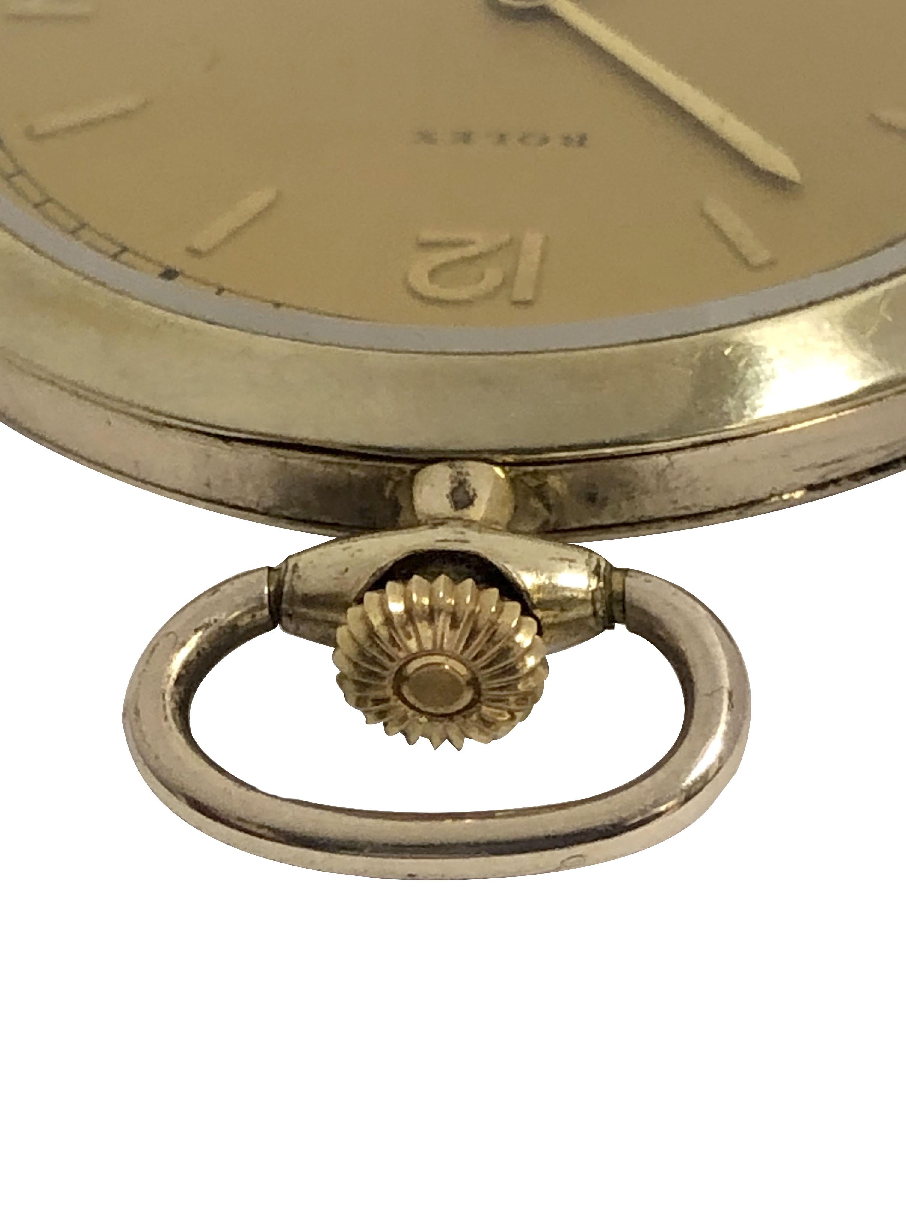 Circa 1940s Rolex for Carl Bucherer of Switzerland Pocket Watch, 44 M.M. 3 piece Gold Filled Case, 15 Jewel Nickle Lever manual wind, mechanical movement, Gold Dial with Raised Gold Markers and a sub seconds chapter. Absolute Mint condition dial and