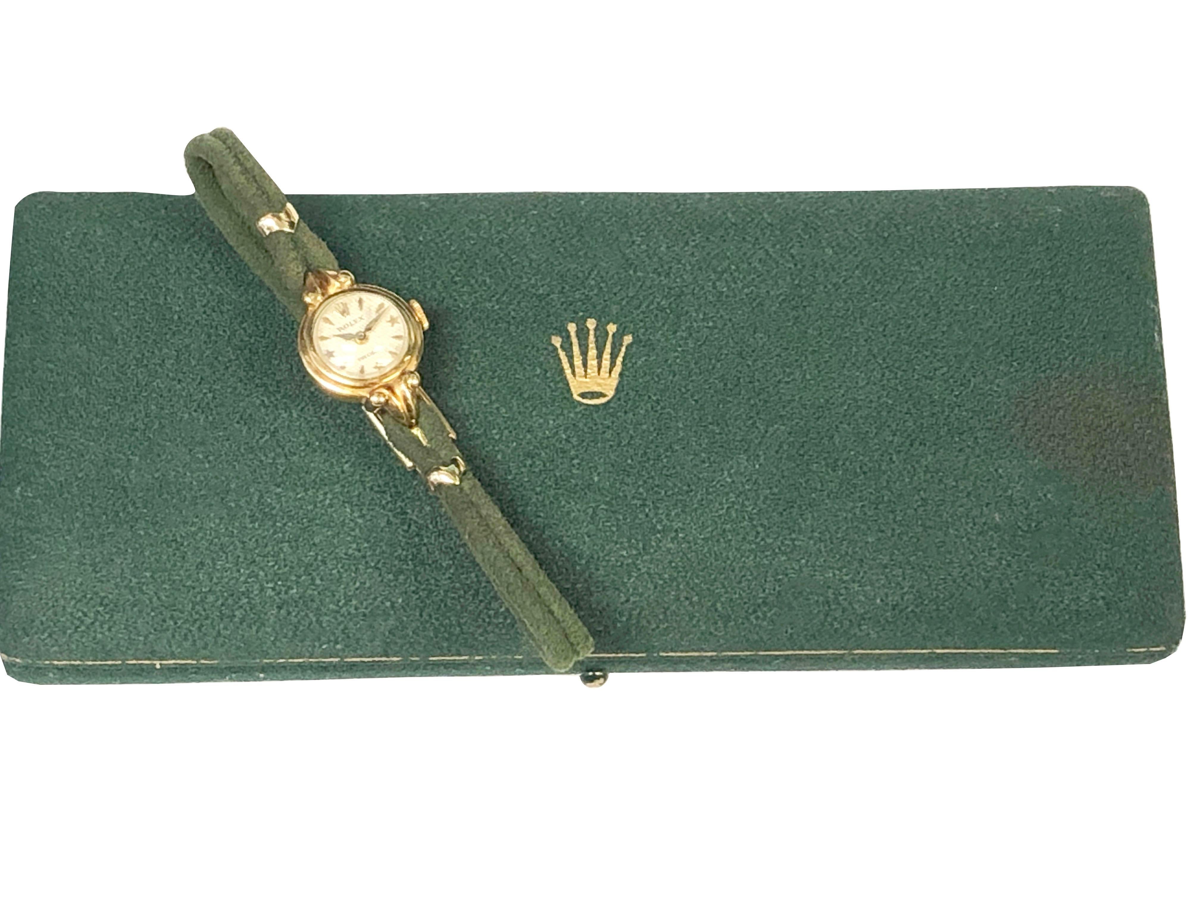 Women's Rolex 1950s Ladies Gold Wrist Watch with Honeycomb Star Dial and Original Box