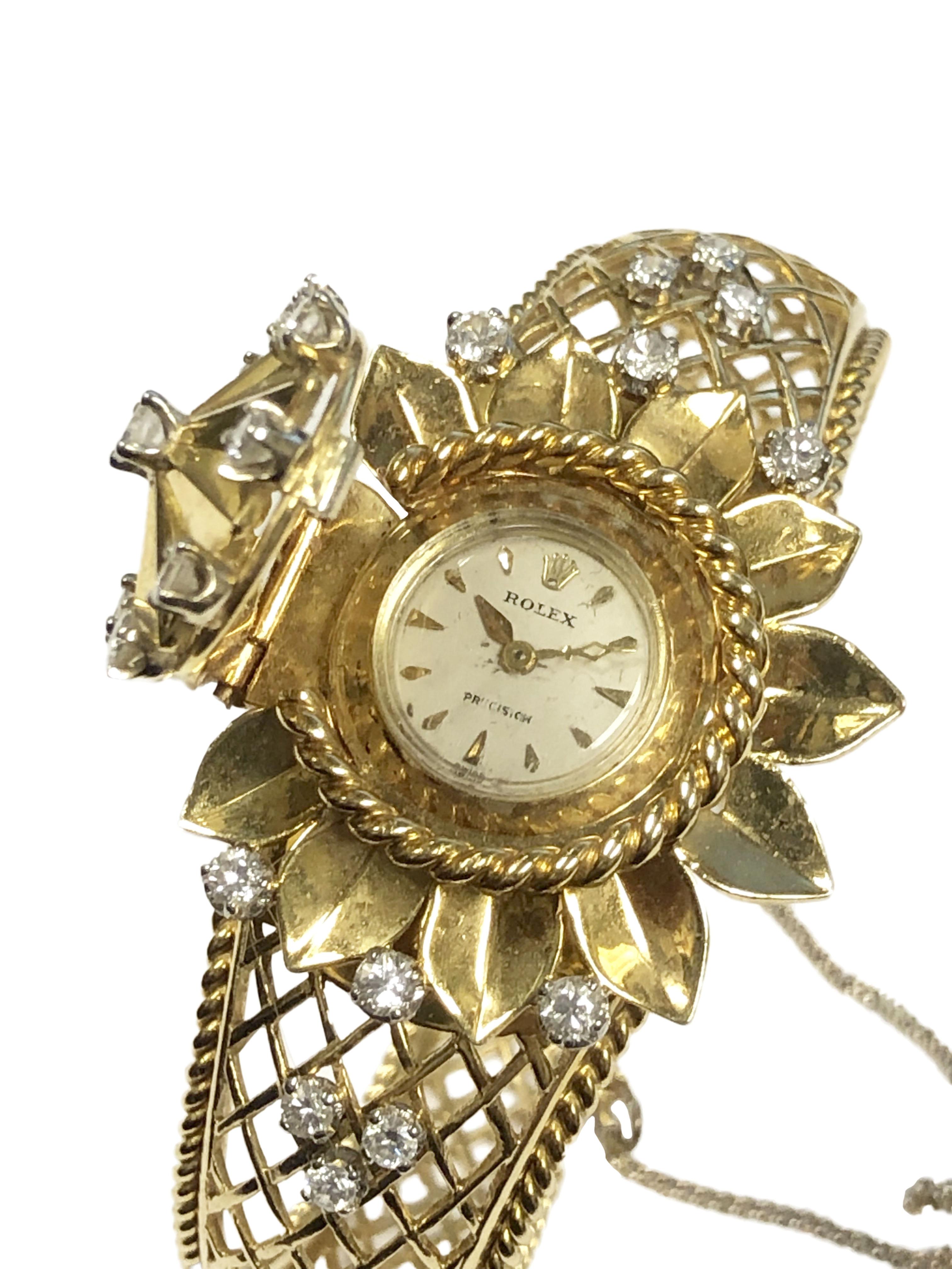 Round Cut Rolex 1950s Ladies Yellow Gold and Diamond Covered Surprise Cuff Bracelet Watch  For Sale