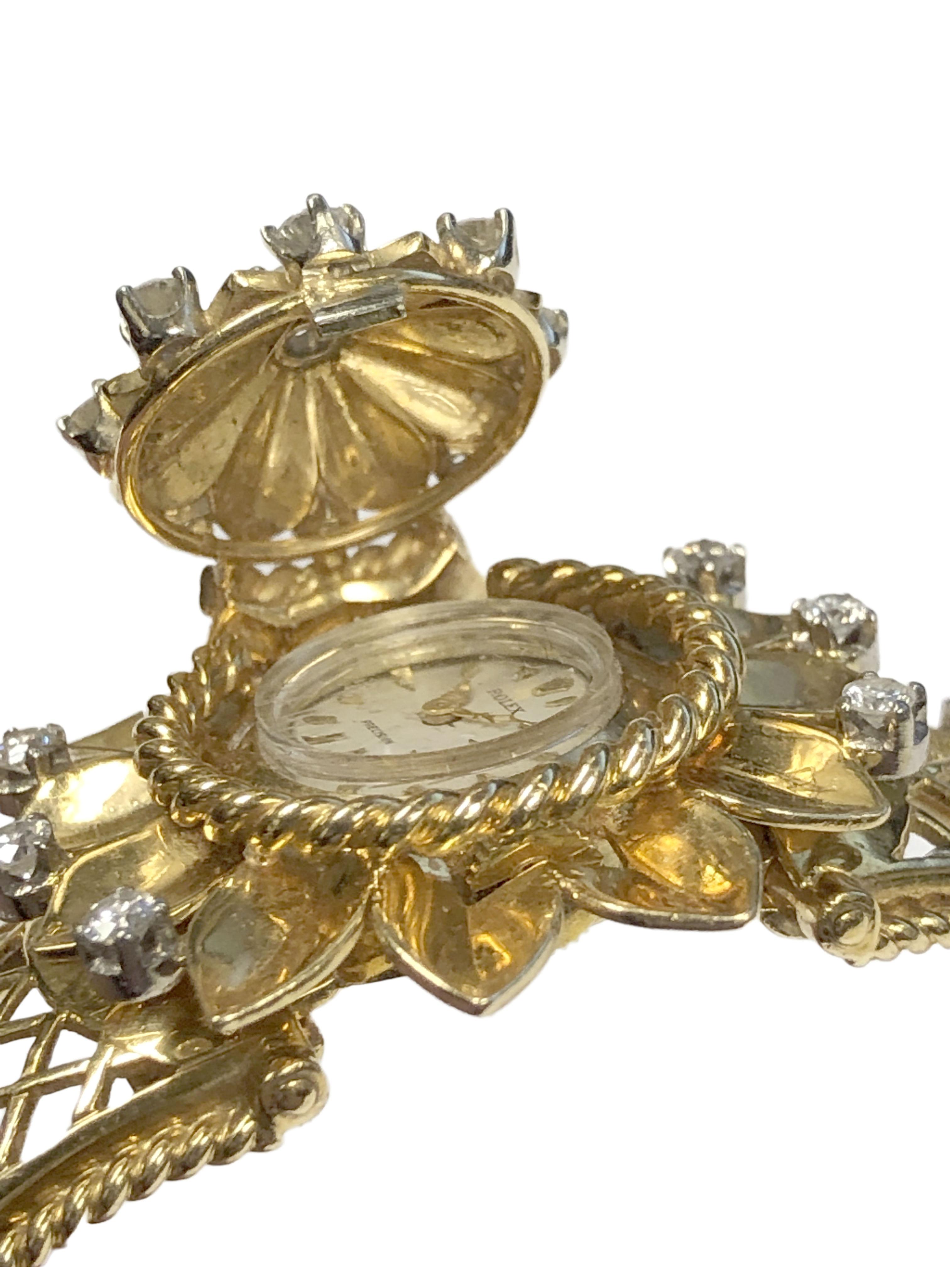 Round Cut Rolex 1950s Ladies Yellow Gold and Diamond Covered Surprise Cuff Bracelet Watch