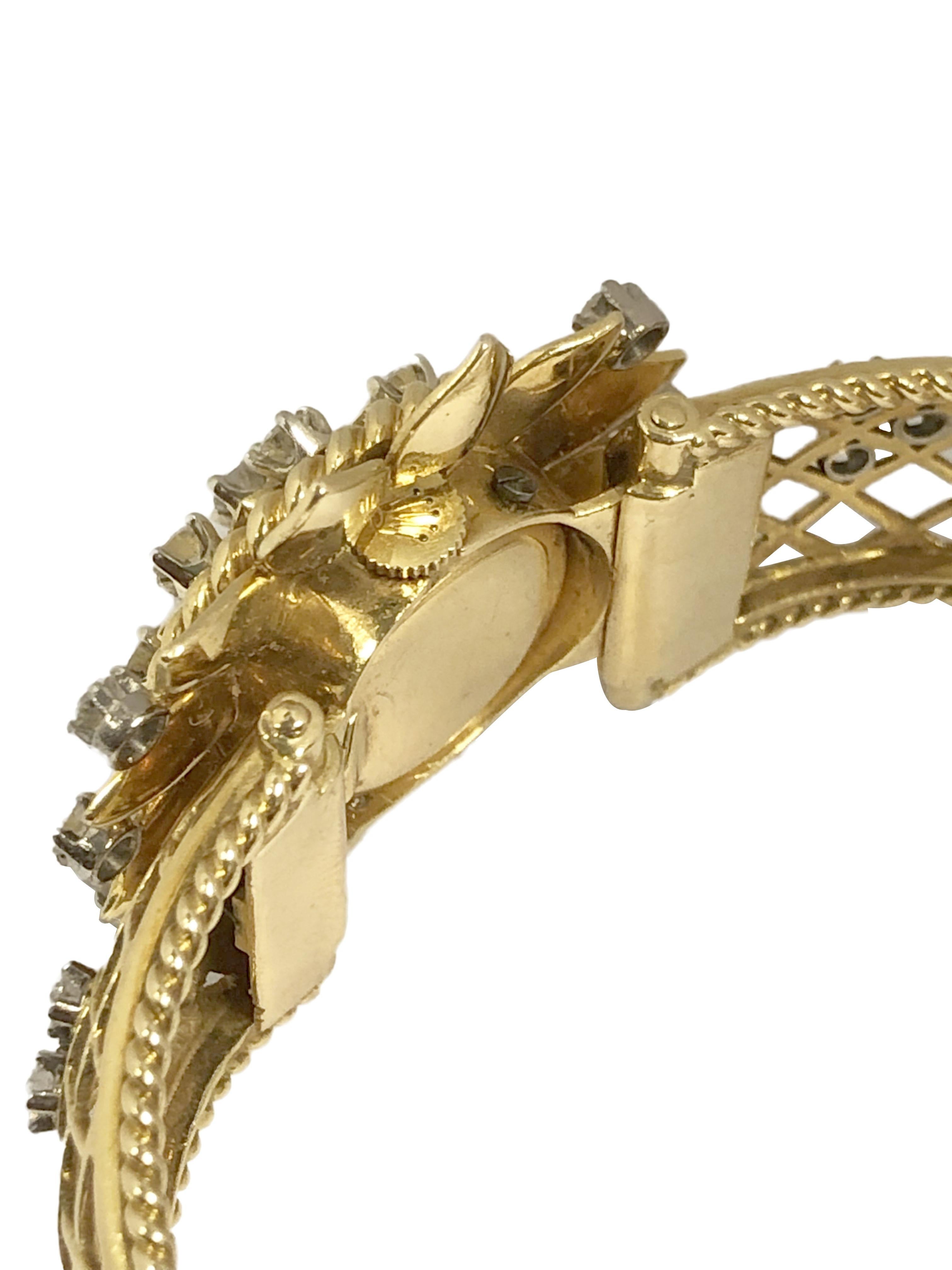 Round Cut Rolex 1950s Ladies Yellow Gold and Diamond Covered Surprise Cuff Bracelet Watch  For Sale