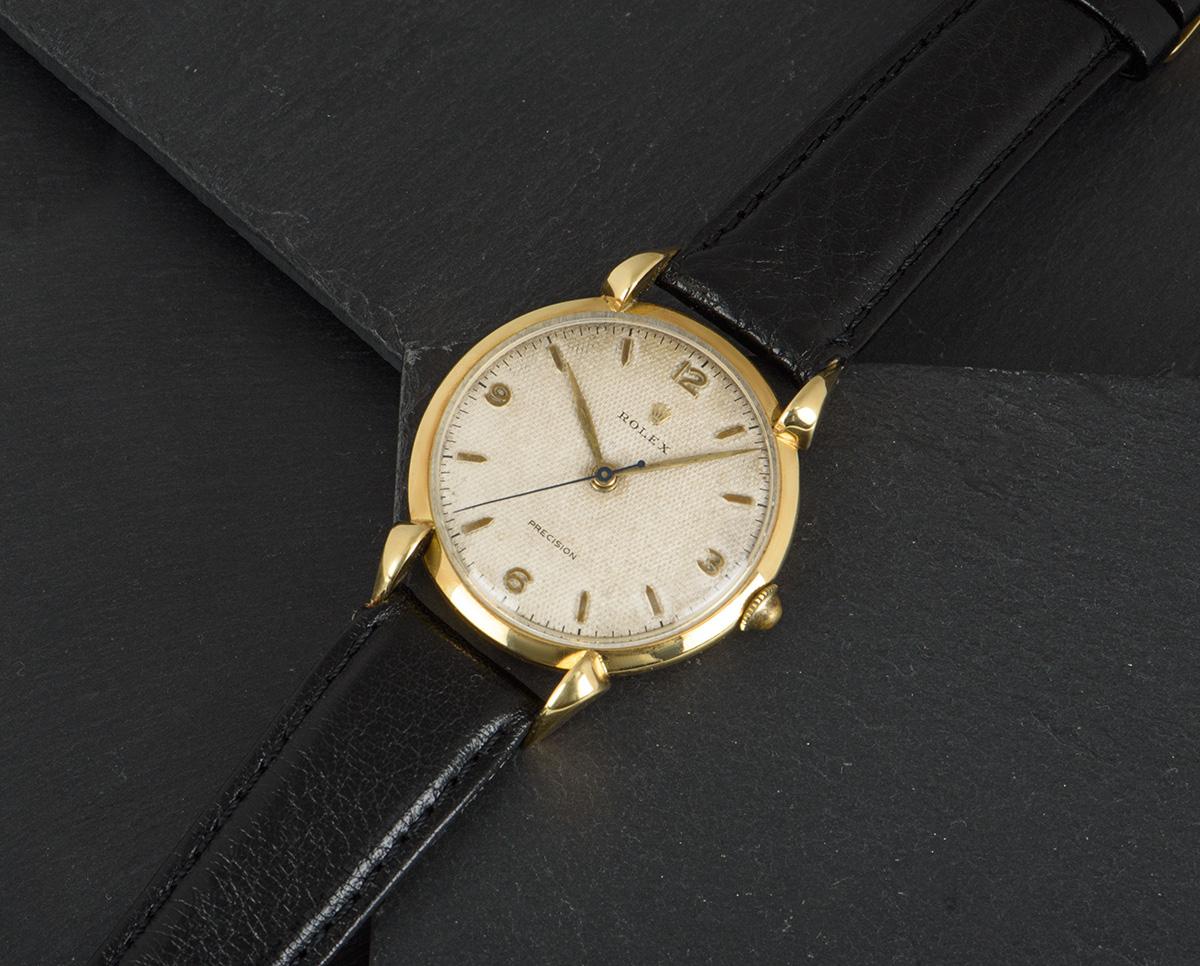 Men's Rolex 1950s Yellow Gold Honeycomb Precision Tear Drop Lugs Wristwatch 4514 For Sale