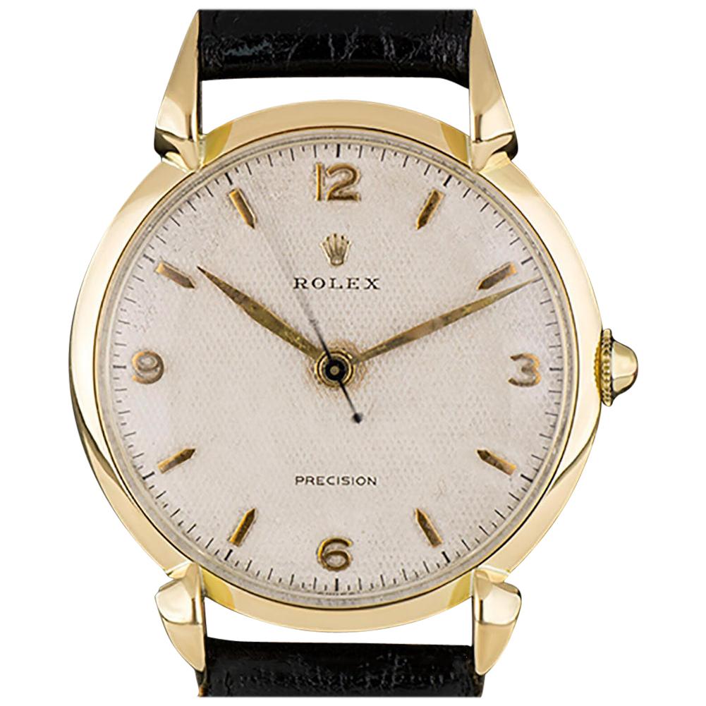 Rolex 1950s Yellow Gold Honeycomb Precision Tear Drop Lugs Wristwatch 4514