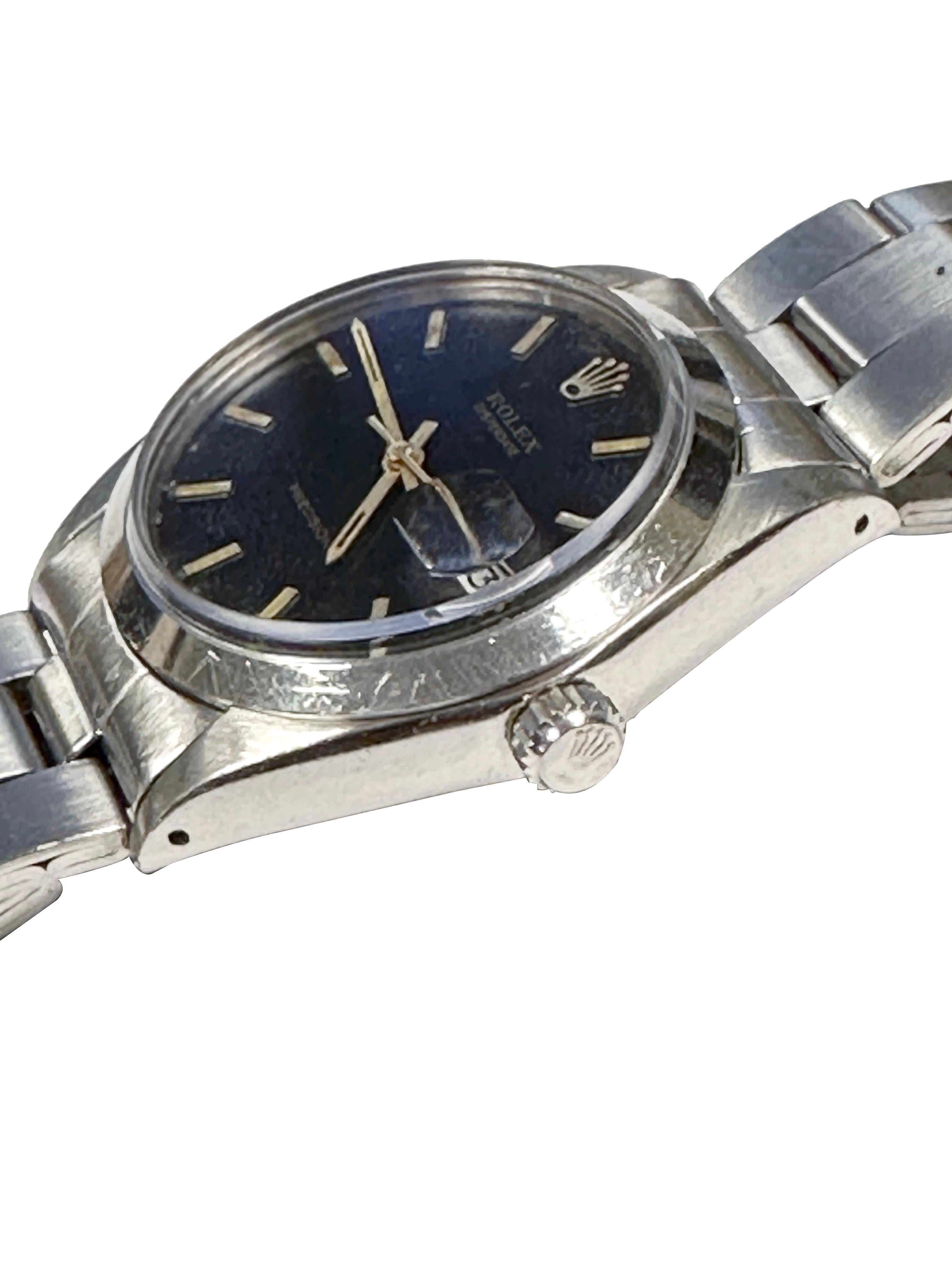 Circa 1966 Rolex Oysterdate Precision Reference 6694  Wrist Watch, 34 M.M. Stainless Steel 3 piece Oyster Case, 17 Jewel Caliber 1225 Manual wind movement, Original Black dial with raised Gold markers, Gold hands including a sweep seconds hand and a