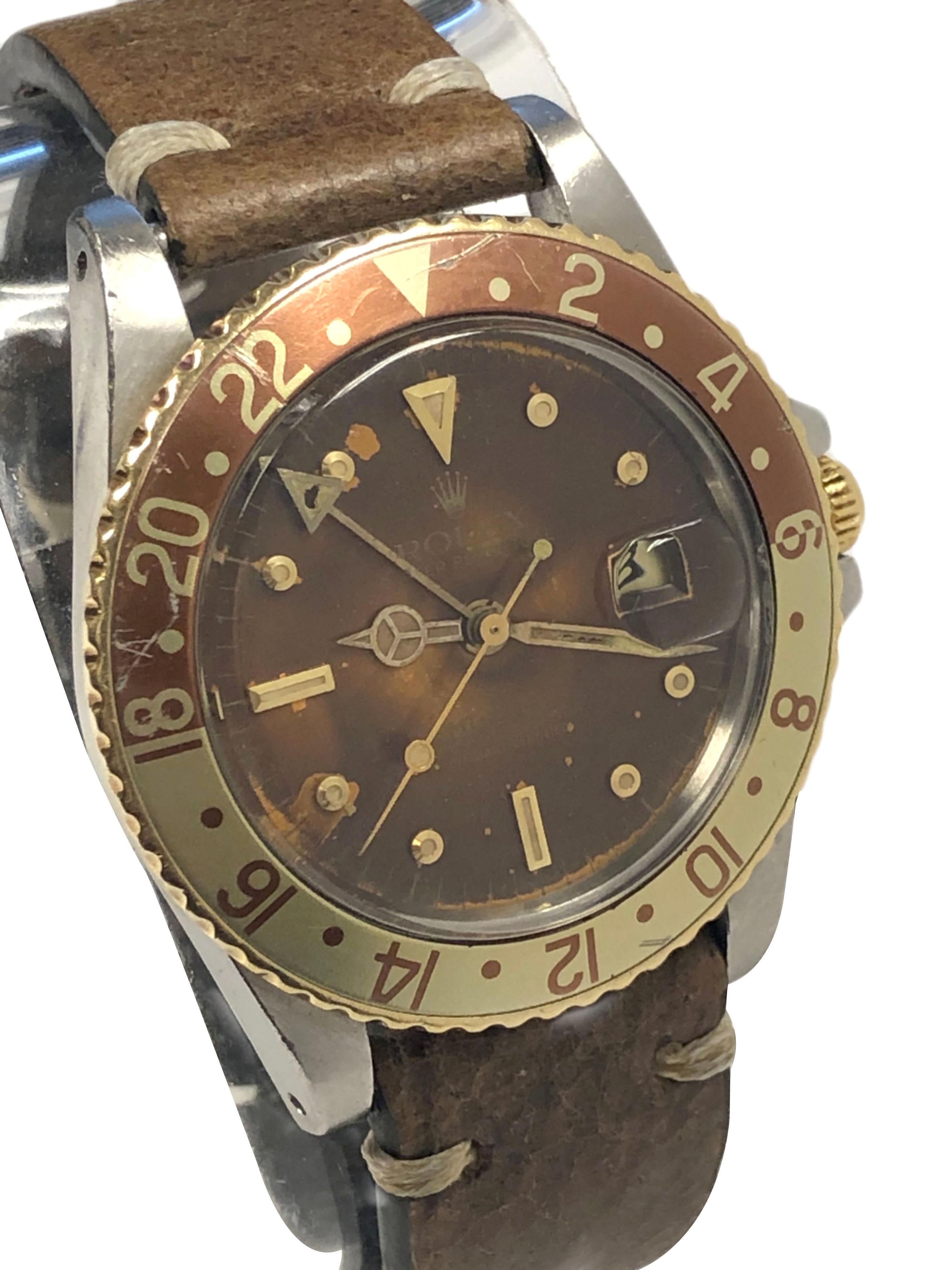 Rolex 1975 GMT Root Beer Gold and Steel Wrist Watch In Excellent Condition In Chicago, IL