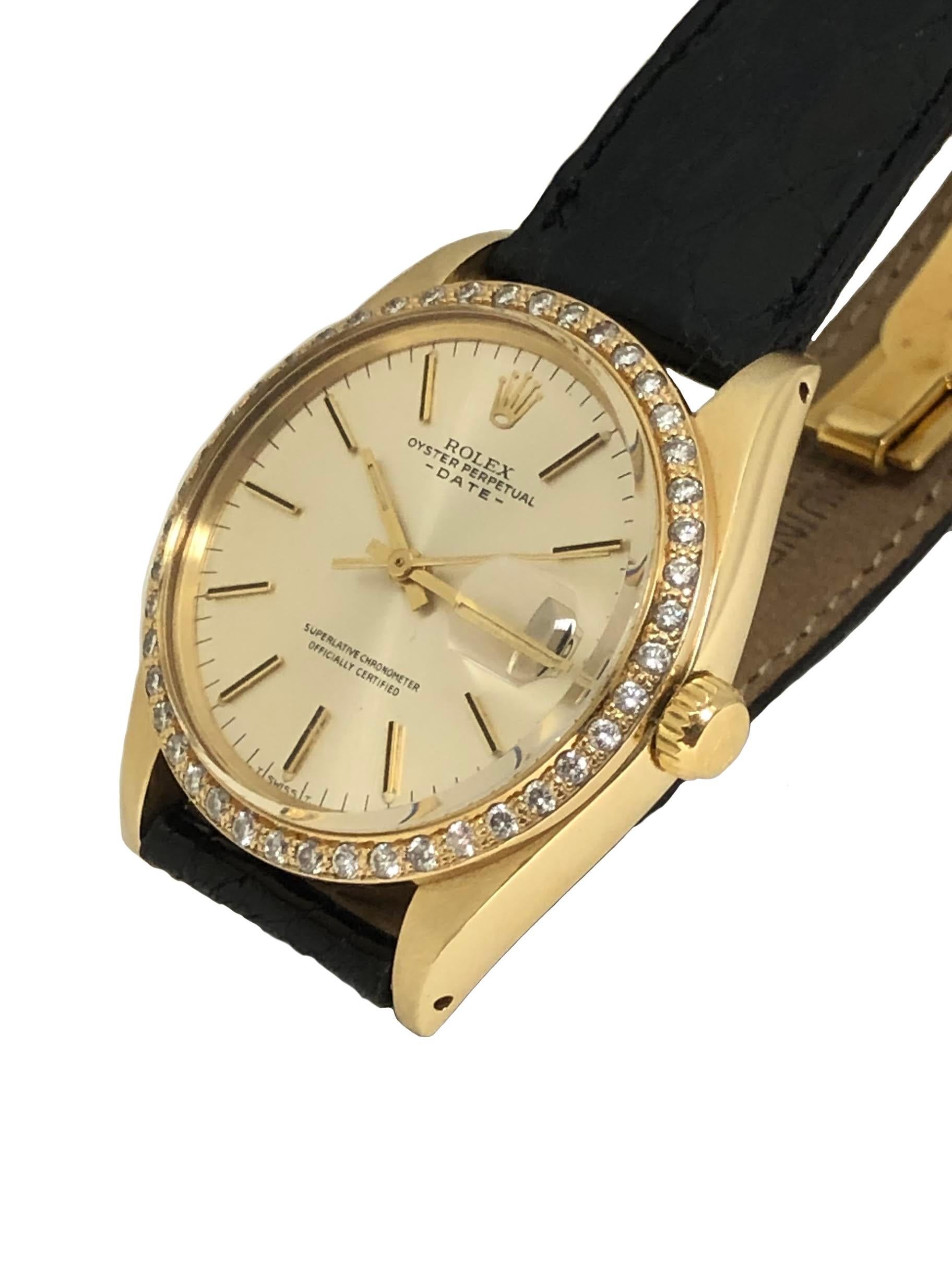 Circa 1978 Rolex Date, Reference 1570, 34 M.M. 14K Yellow Gold 3 Piece Oyster Case with Custom Diamond Bezel approximately 1 Carat. Caliber 1570 Automatic, Self Winding movement, Silver Satin dial with Raised Yellow Baton Markers, sweep seconds hand