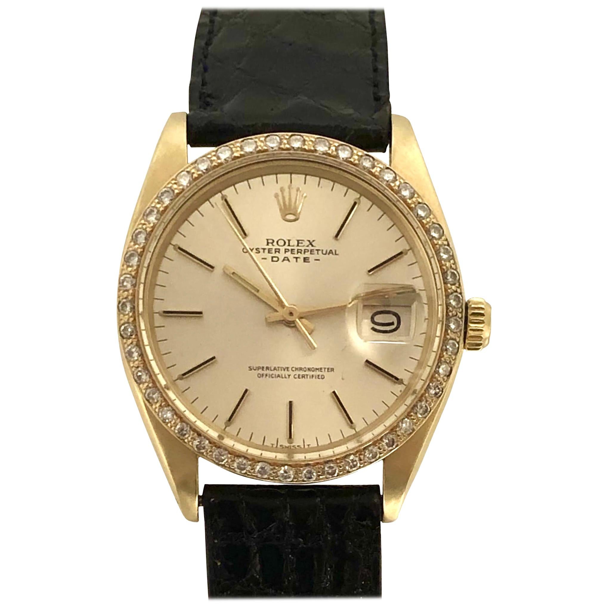 Rolex 1978 Gelbgold Selbstaufzug Datums-Armbanduhr mit individueller Diamant-Lünette im Angebot