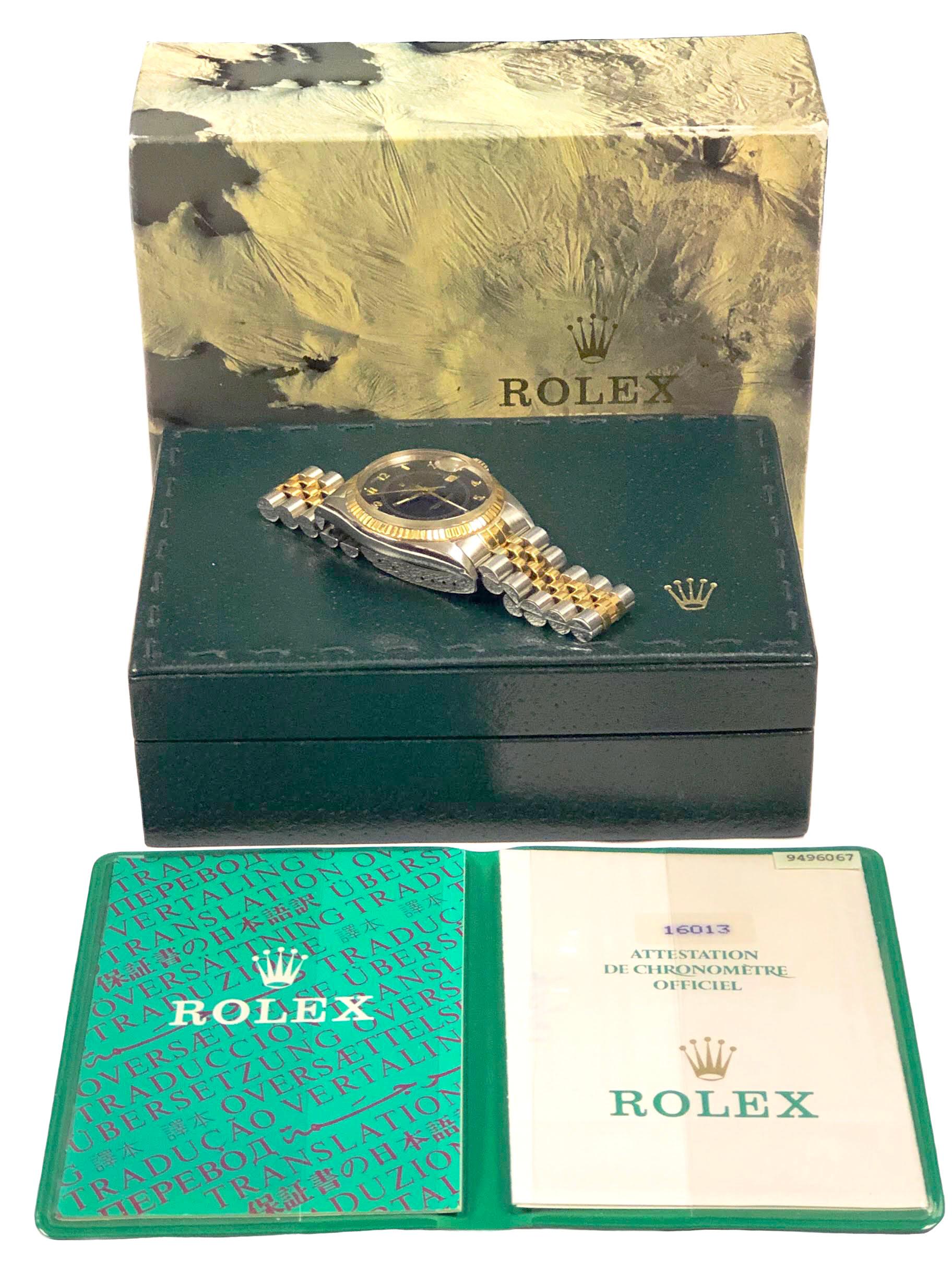 Rolex 1987 18k Steel Datejust Blue Boiler Guage Dial and Rare Box, Complete Set 1