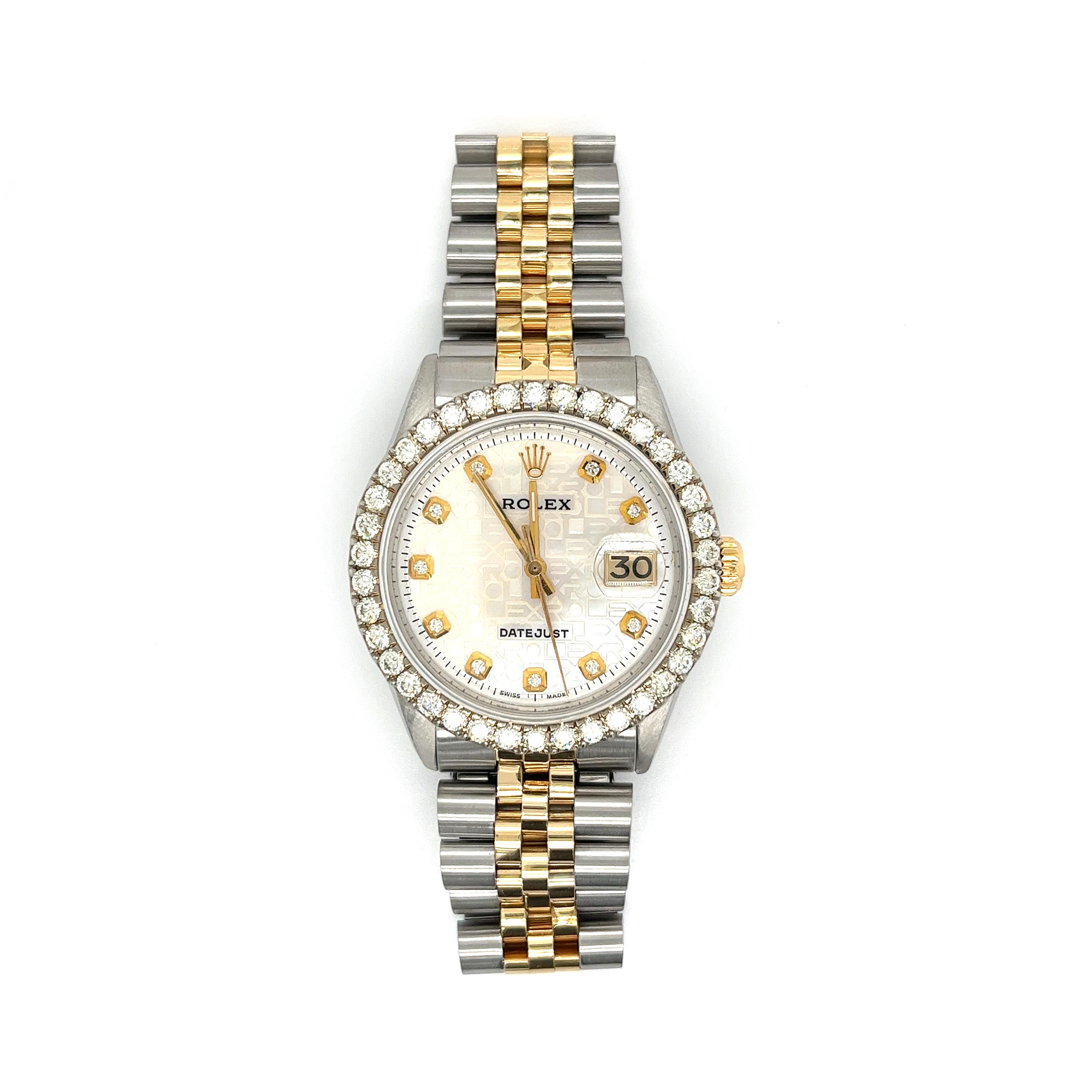 Rolex Datejust Ref. 1601 with a glistening white Jubilee dial and two-tone gold/stainless steel setting. Aftermarket round cut natural diamond bezel. Unisex, fits wrist 7.75-8.25 inches with a fold-over clasp. 36mm dial, caliber 1570, 26 jewels,