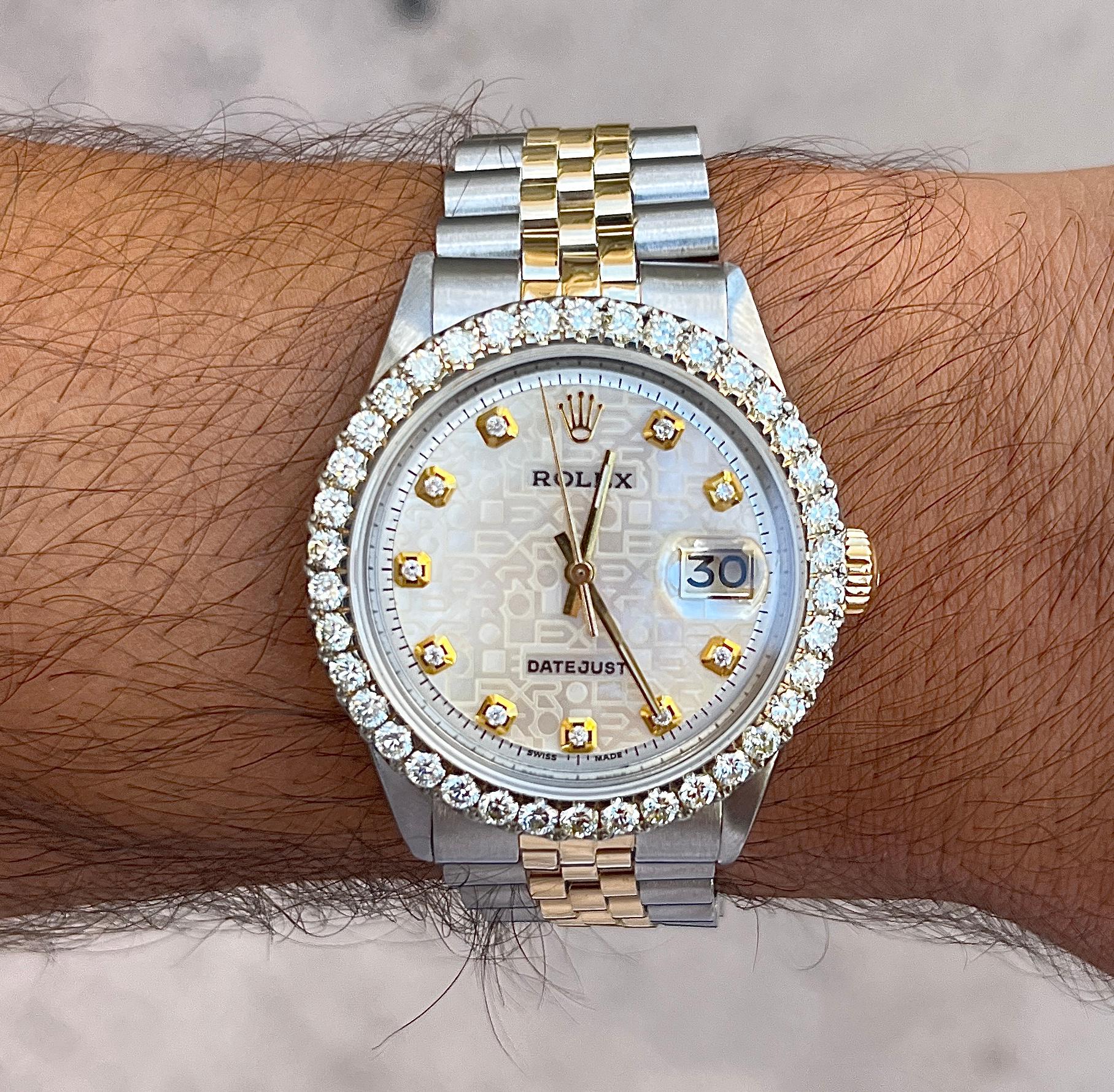 Rolex Montre Date Just à cadran blanc bicolore avec lunette en diamants, réf. 1601 en vente 1