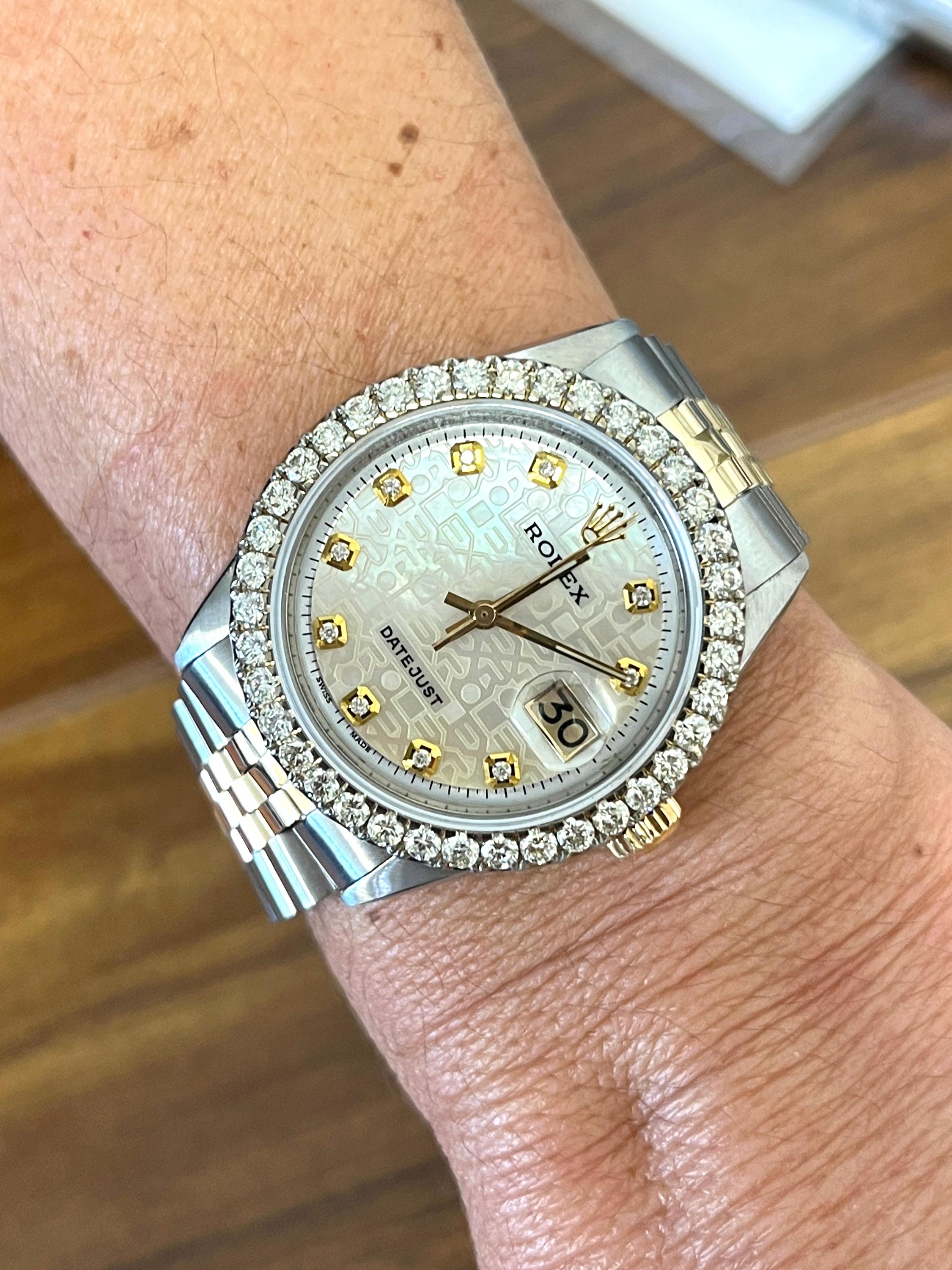 Rolex 2-Tone Date Just White Jubilee Dial Ref. 1601 With Diamond Bezel In Excellent Condition For Sale In Miami, FL