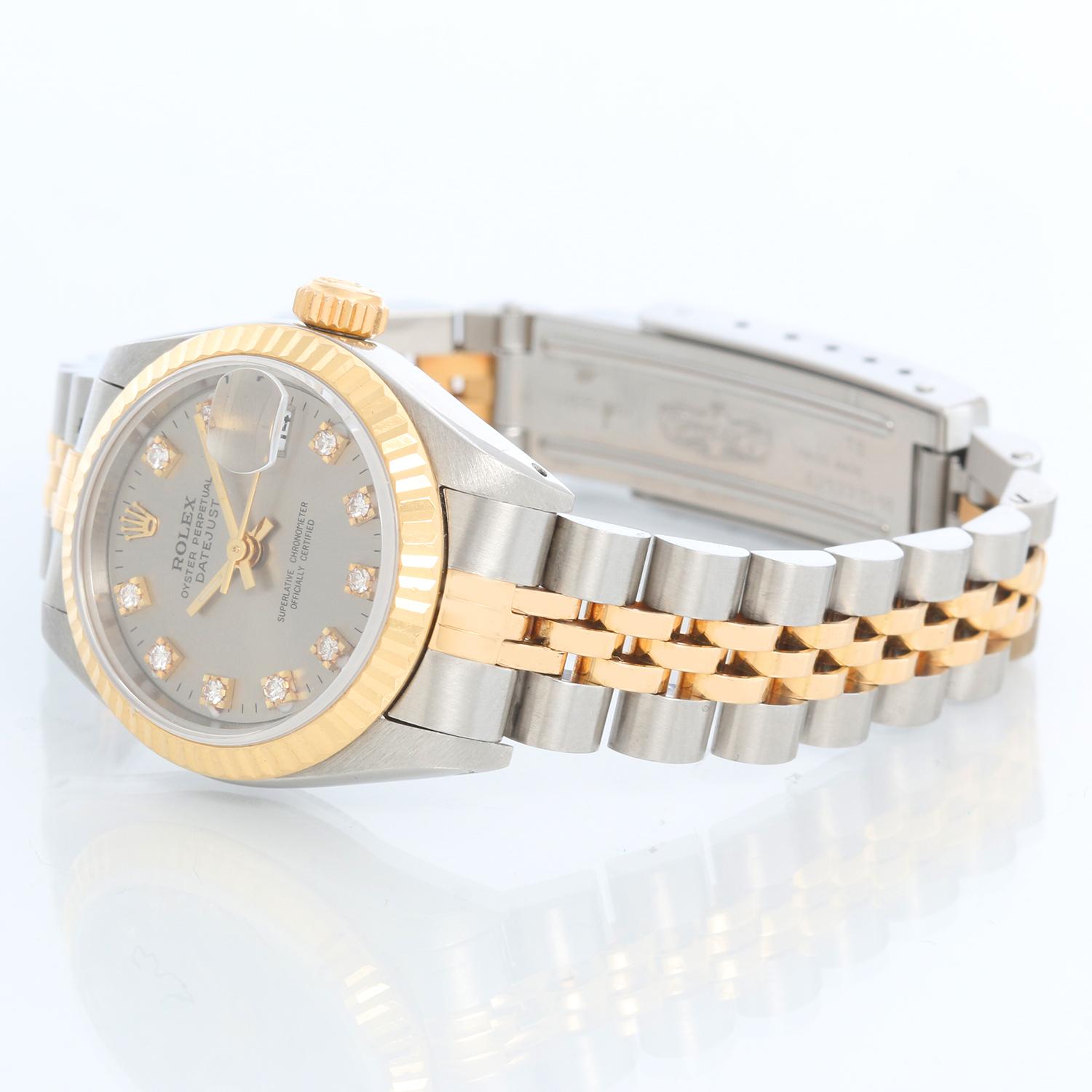 Rolex  2-Tone Datejust Steel & Gold Ladies Watch 69173 - Automatic winding, 29 jewels, Quickset date, sapphire crystal. Stainless steel case with Factory Yellow Gold Diamond Bezel. Custom Grey diamond dial. Stainless steel and 18k yellow gold