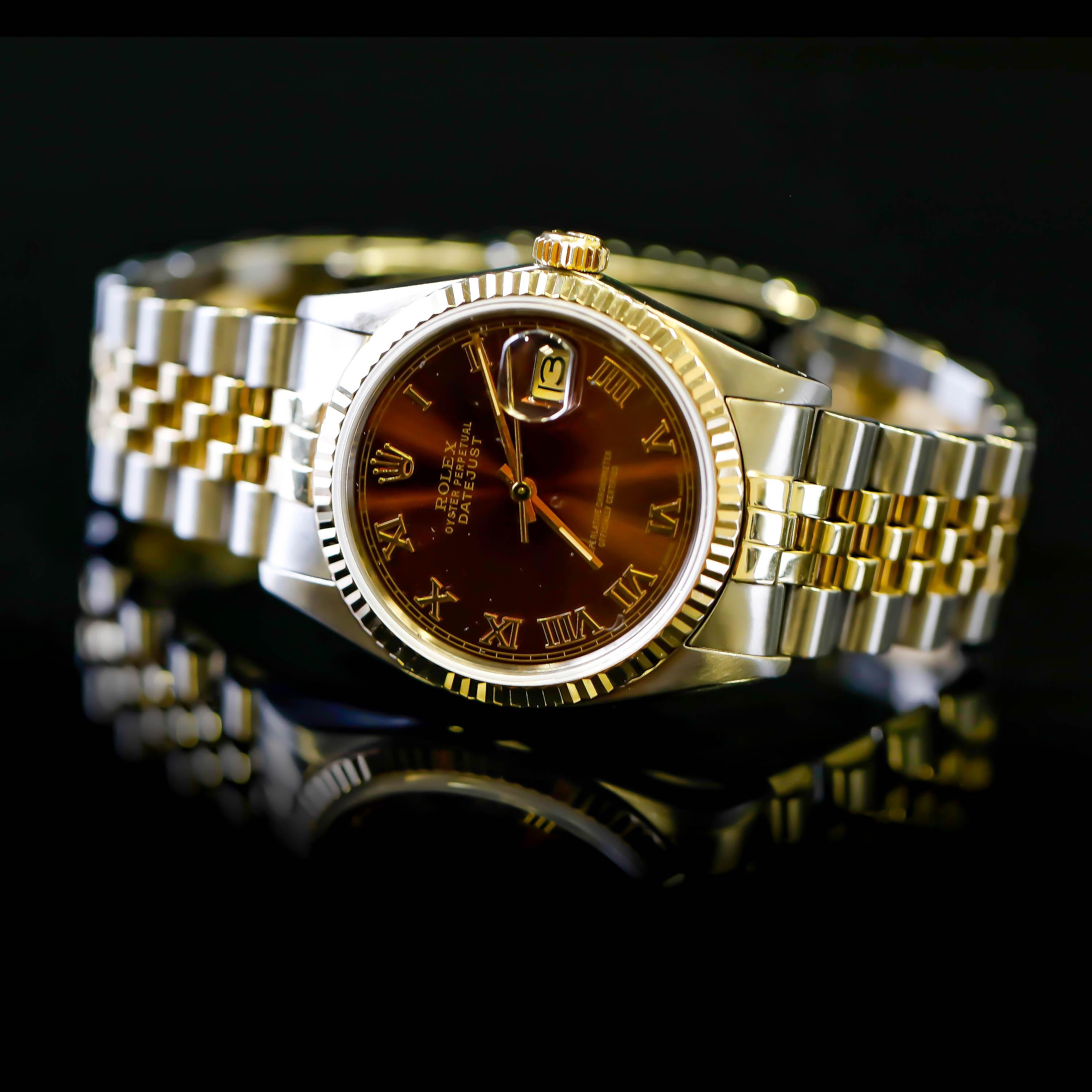Rolex 2-Tone Edelstahl Datejust Brown römische Ziffern automatische Armbanduhr im Angebot 3