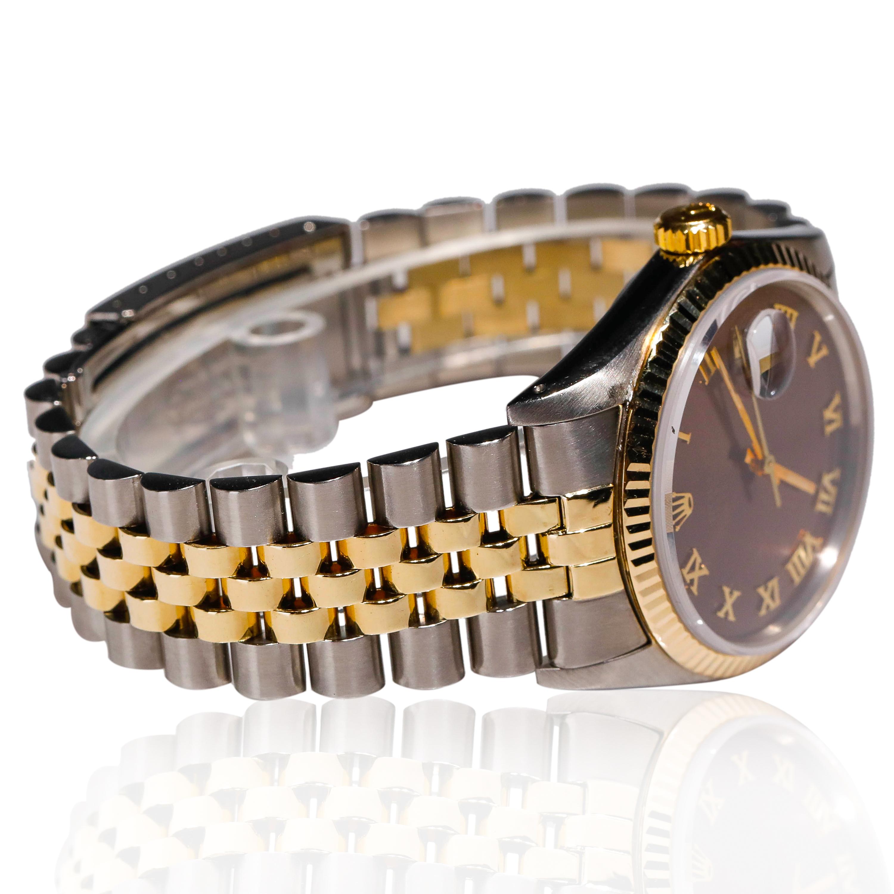 Rolex 2-Tone Stainless Steel Datejust Brown Roman Numerals Automatic Wristwatch Excellent état - En vente à New York, NY